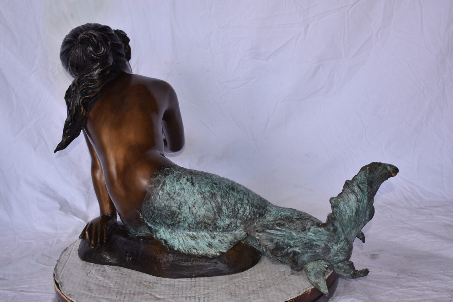 A Little Mermaid Holding A Shell Bronze Fountain Art Nude: 15" x 37" x 20"H