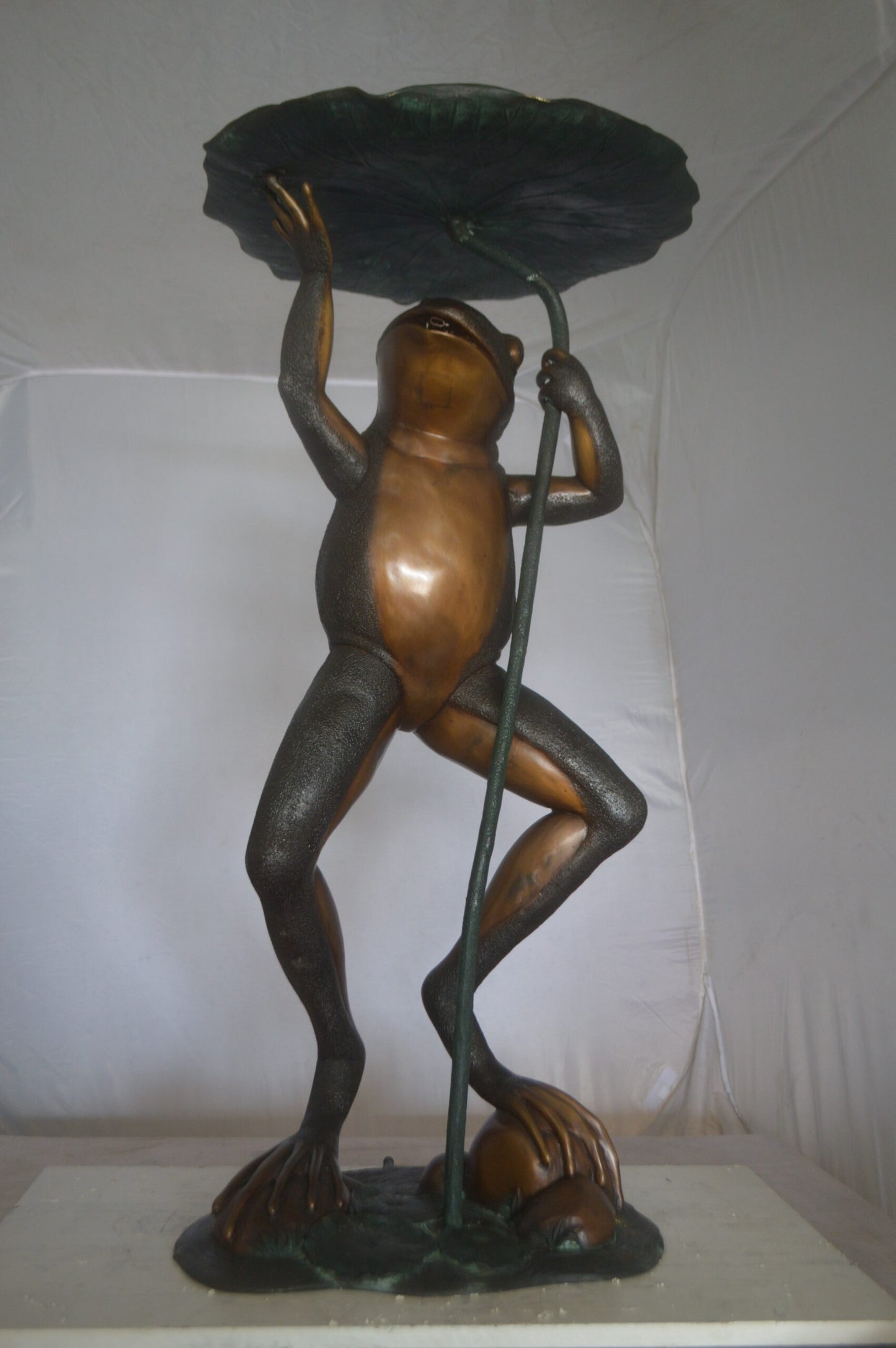 Frog with Umbrella Fountain Bronze Statue -  Size: 22"L x 22"W x 43"H.