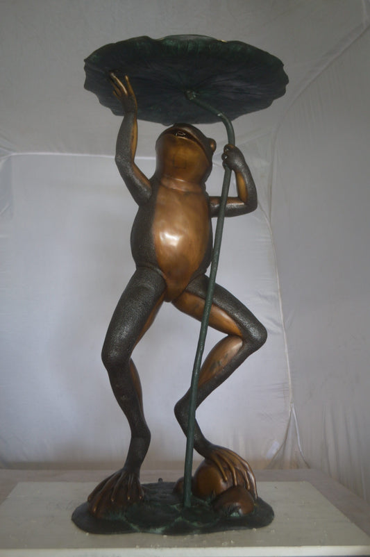 Frog with Umbrella Fountain Bronze Statue - Size: 22"L x 22"W x 43"H.
