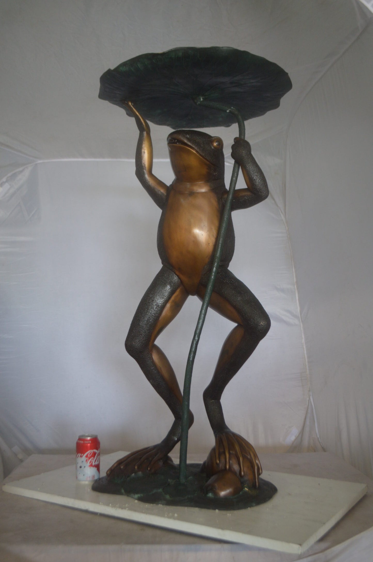 Frog with Umbrella Fountain Bronze Statue -  Size: 22"L x 22"W x 43"H.