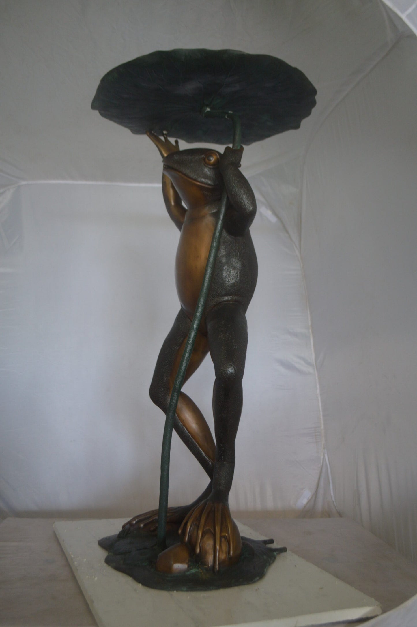Frog with Umbrella Fountain Bronze Statue -  Size: 22"L x 22"W x 43"H.