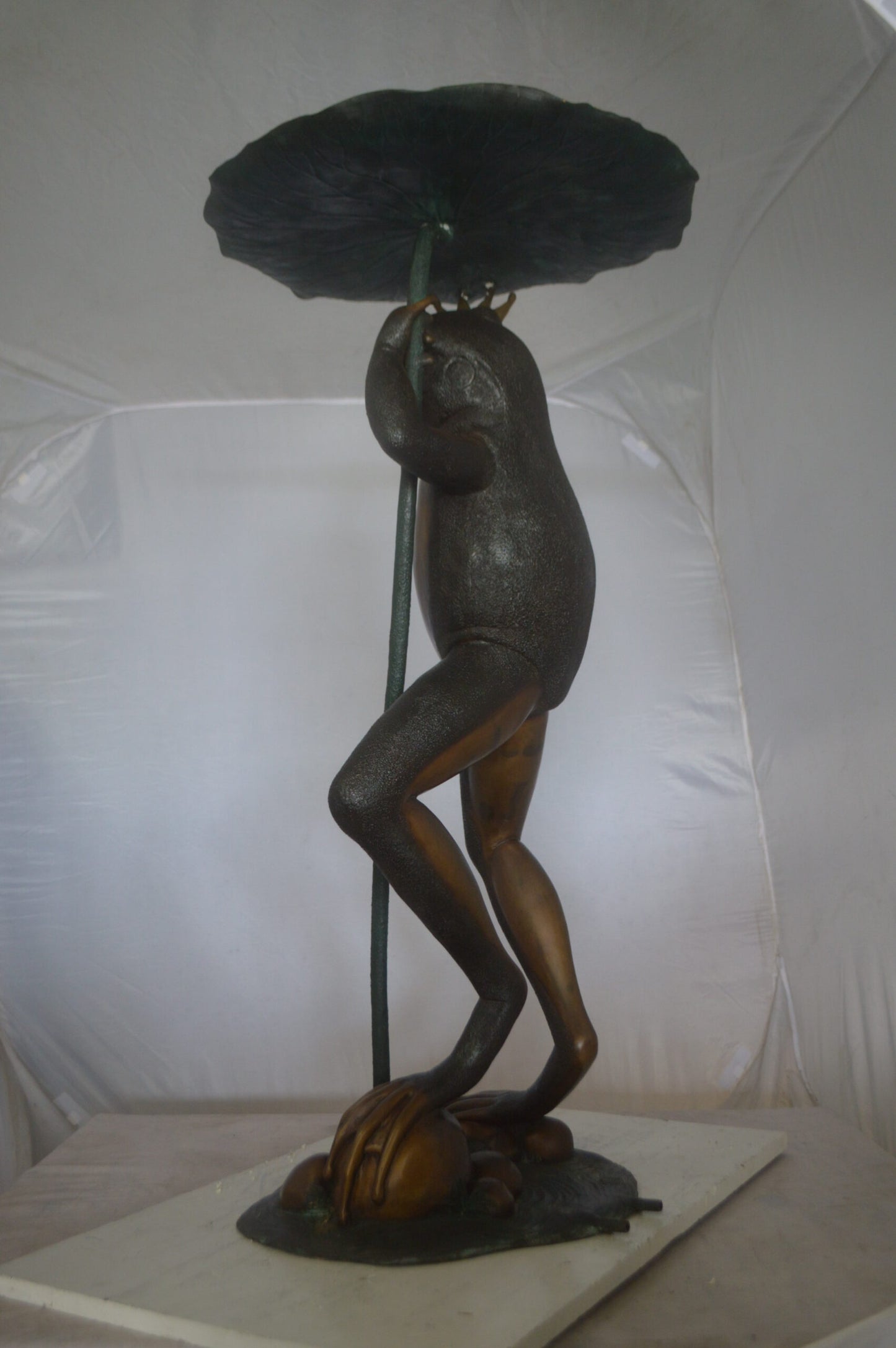 Frog with Umbrella Fountain Bronze Statue - Size: 22"L x 22"W x 43"H.