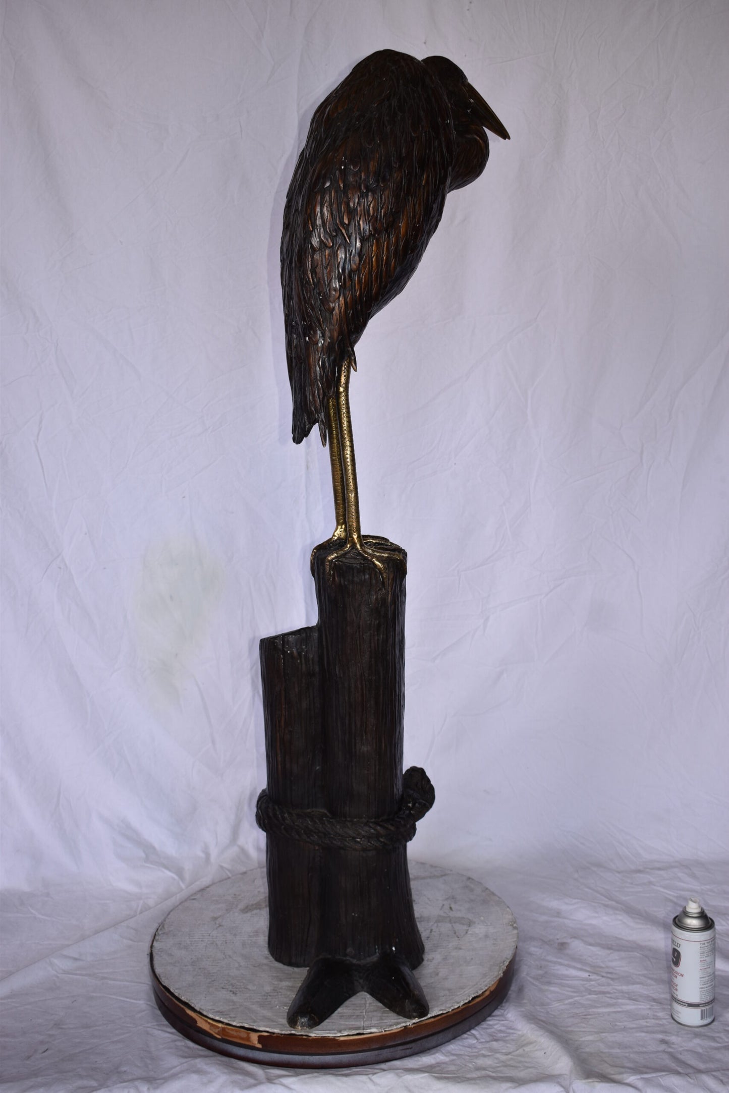 Crane Head Down Standing on A Tree Stump Bronze Statue Size: 23" x 16" x 55"H
