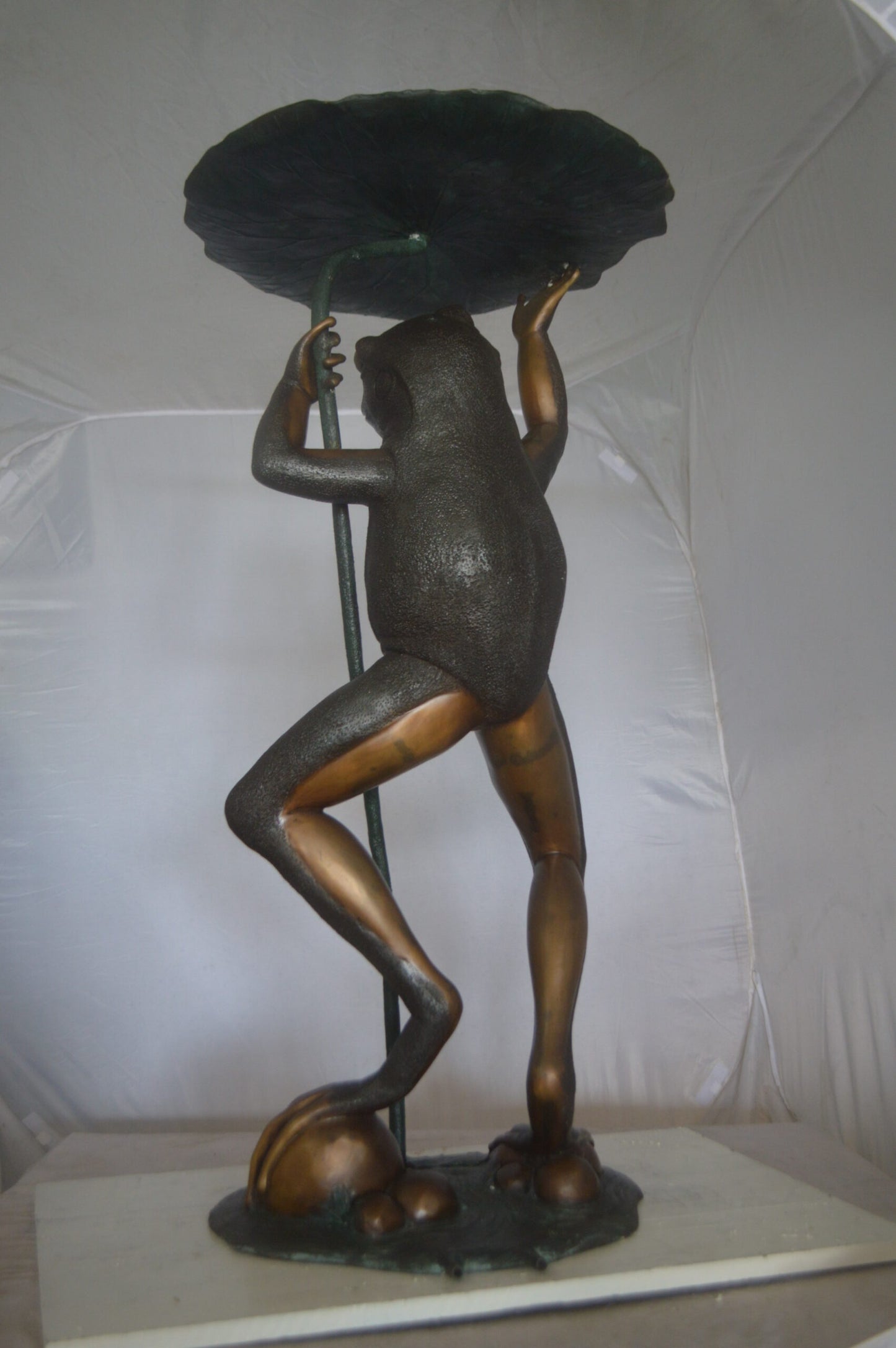 Frog with Umbrella Fountain Bronze Statue -  Size: 22"L x 22"W x 43"H.