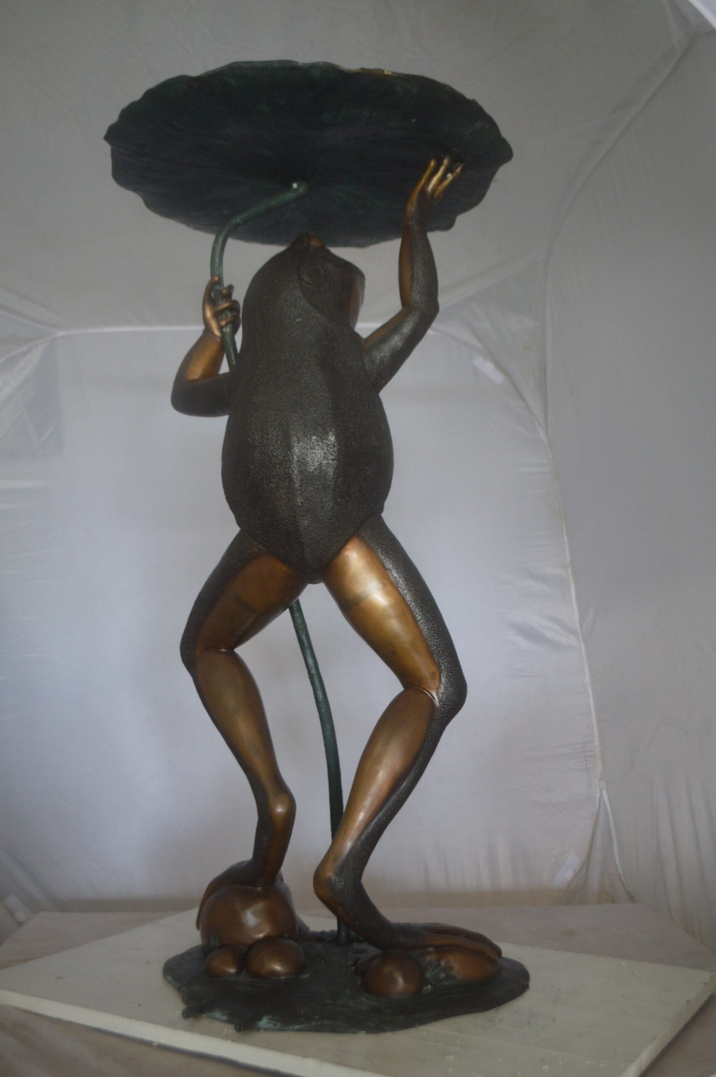 Frog with Umbrella Fountain Bronze Statue -  Size: 22"L x 22"W x 43"H.