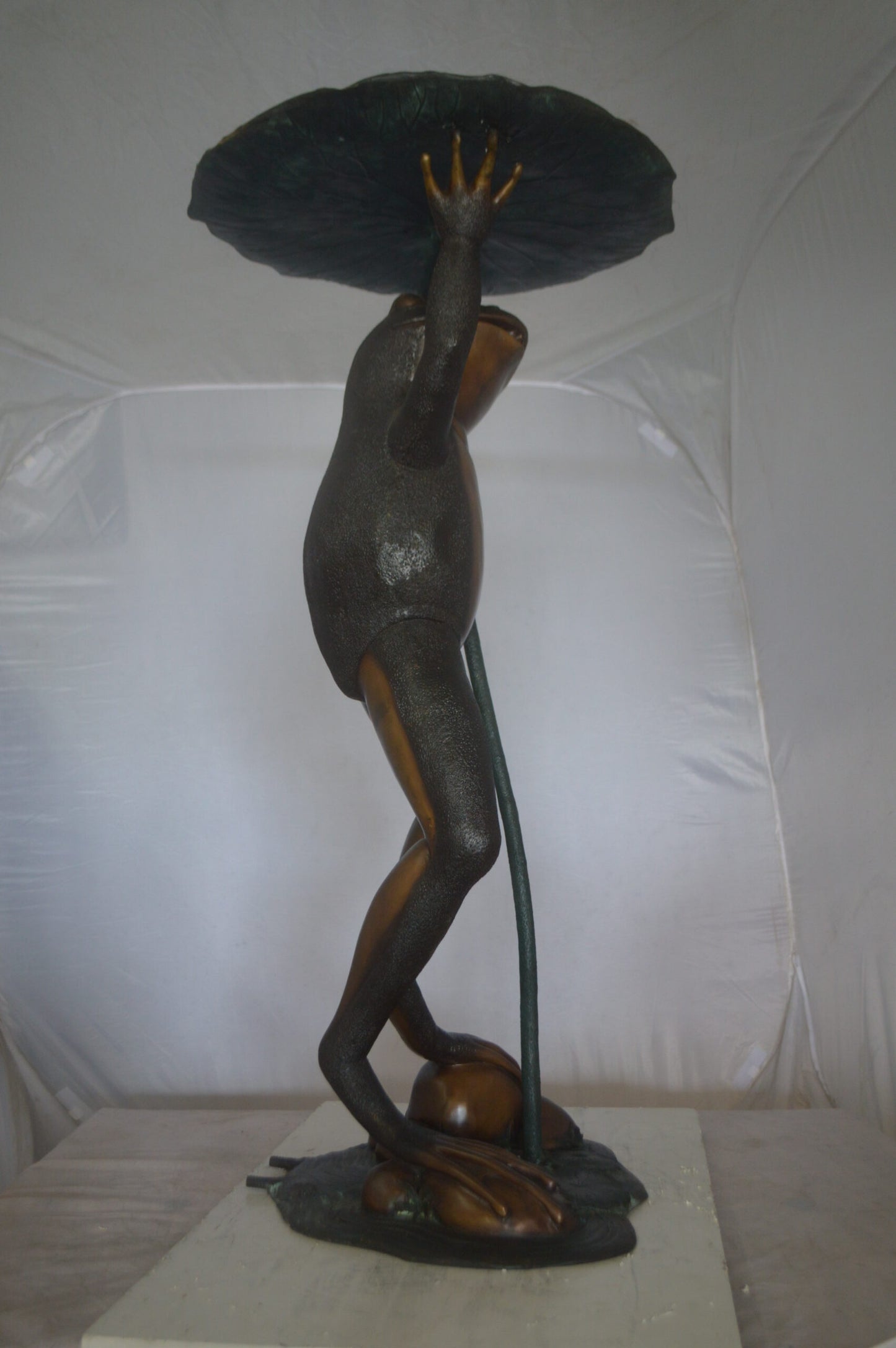 Frog with Umbrella Fountain Bronze Statue -  Size: 22"L x 22"W x 43"H.