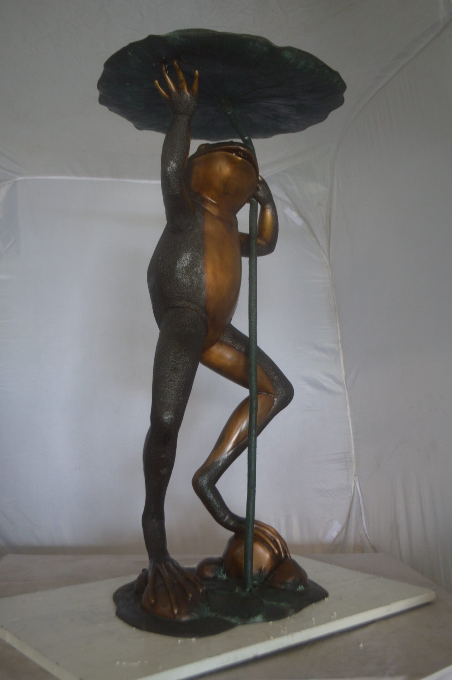 Frog with Umbrella Fountain Bronze Statue -  Size: 22"L x 22"W x 43"H.