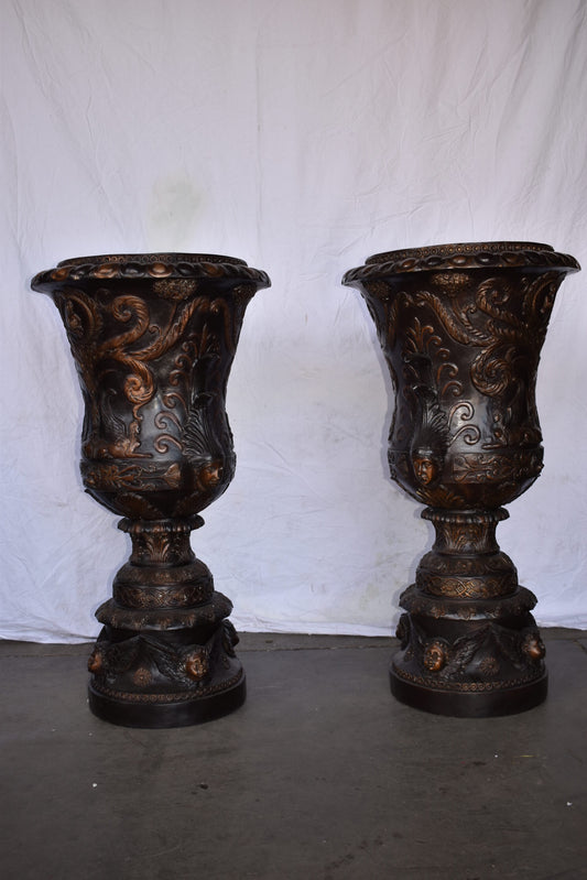 A Large Pair of Urns with Lady Faces Bronze Statue Size: 23" x 23" x 43"H