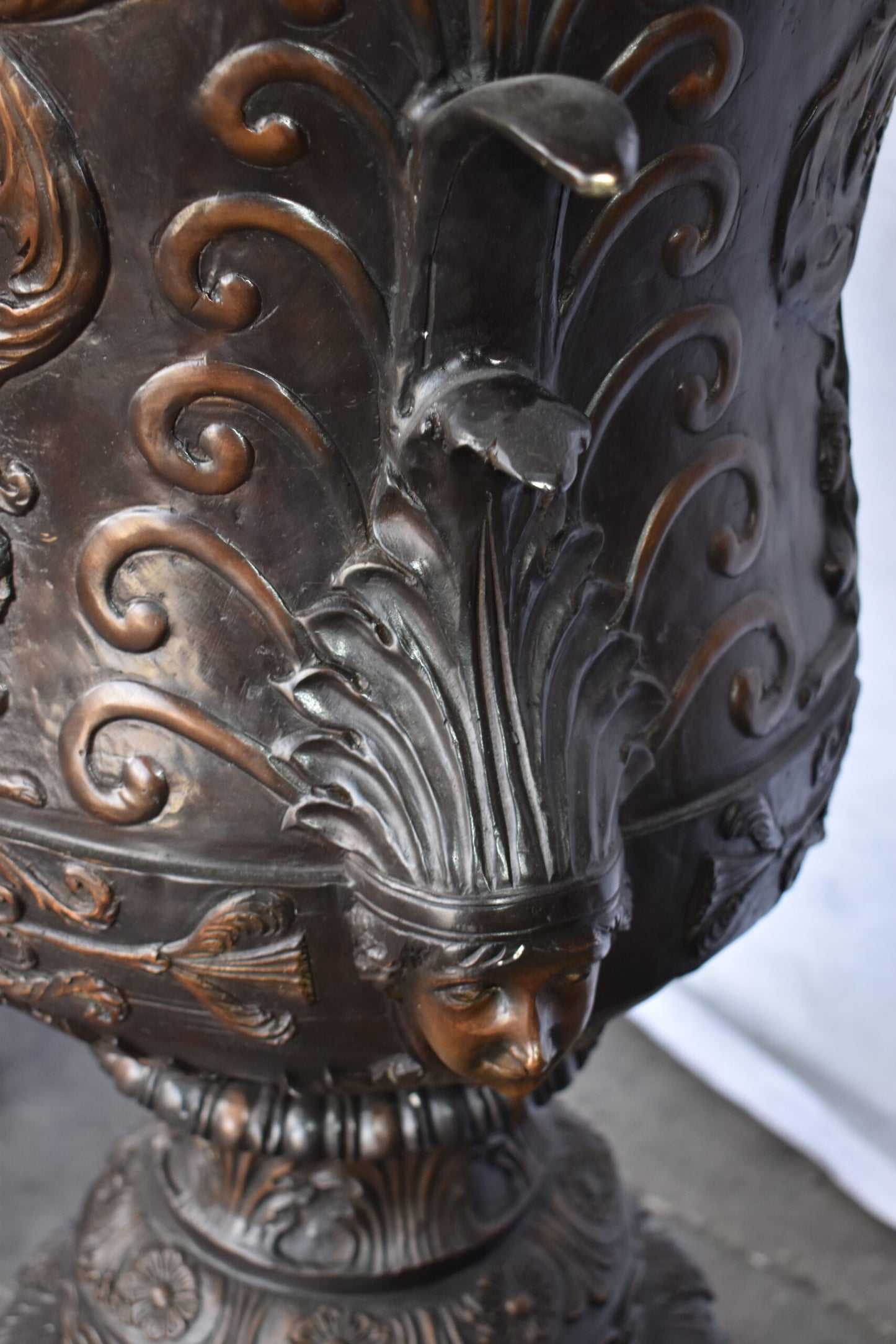 A Large Pair of Urns with Lady Faces Bronze Statue Size: 23" x 23" x 43"H