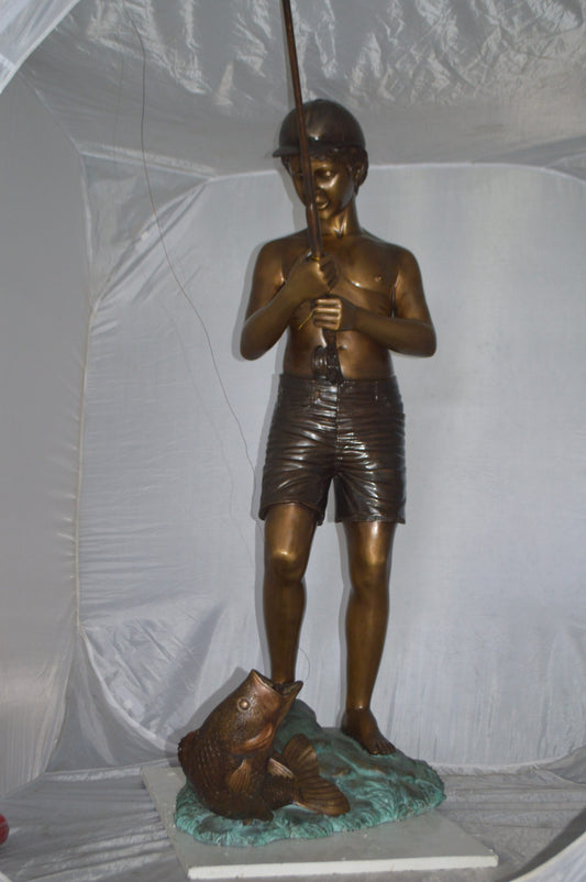 Standing Boy Fishing Fountain Bronze Statue - Size: 58"L x 25"W x 72"H.