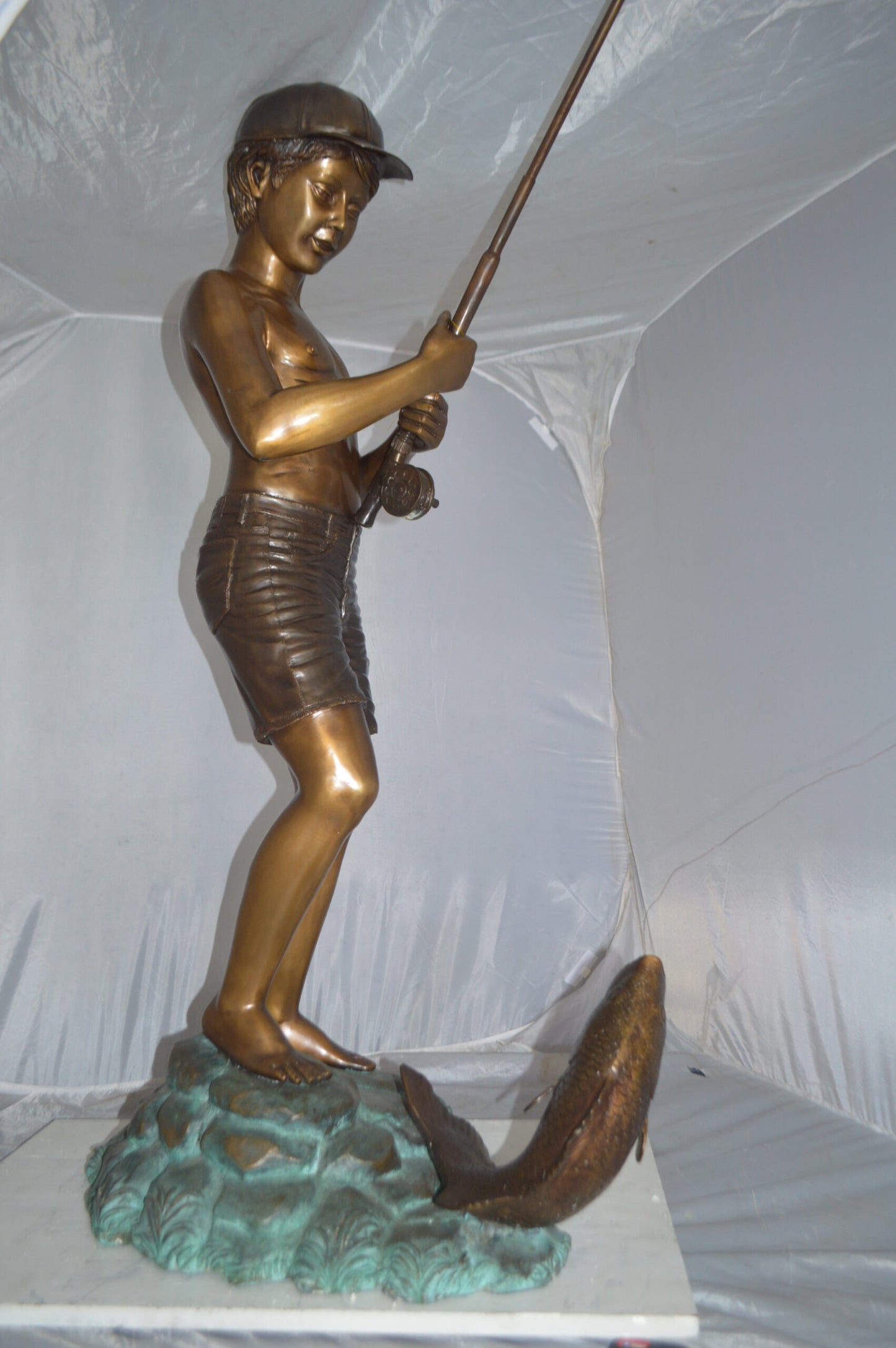 Standing Boy Fishing Fountain Bronze Statue - Size: 58"L x 25"W x 72"H.