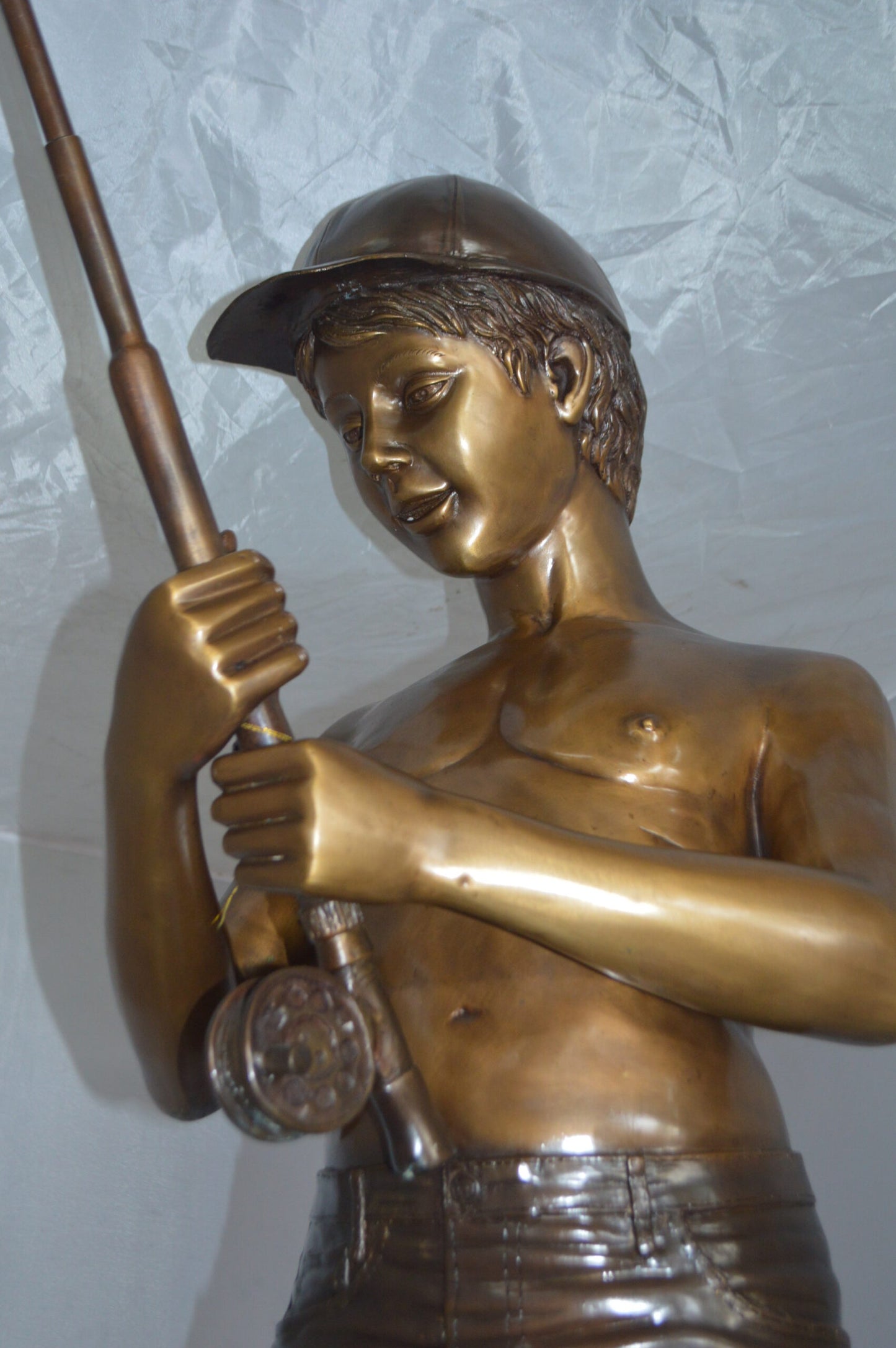 Standing Boy Fishing Fountain Bronze Statue - Size: 58"L x 25"W x 72"H.