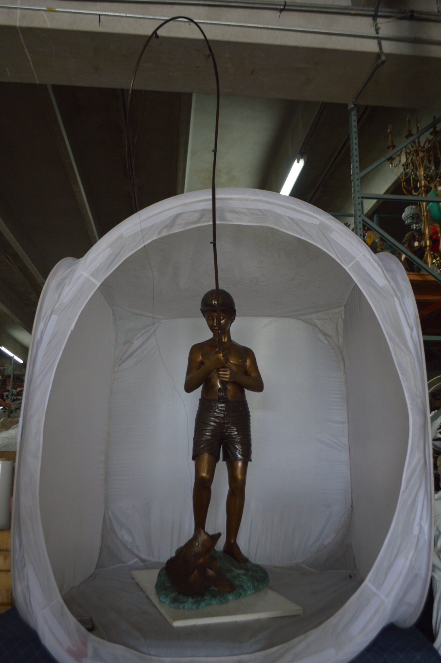 Standing Boy Fishing Fountain Bronze Statue - Size: 58"L x 25"W x 72"H.