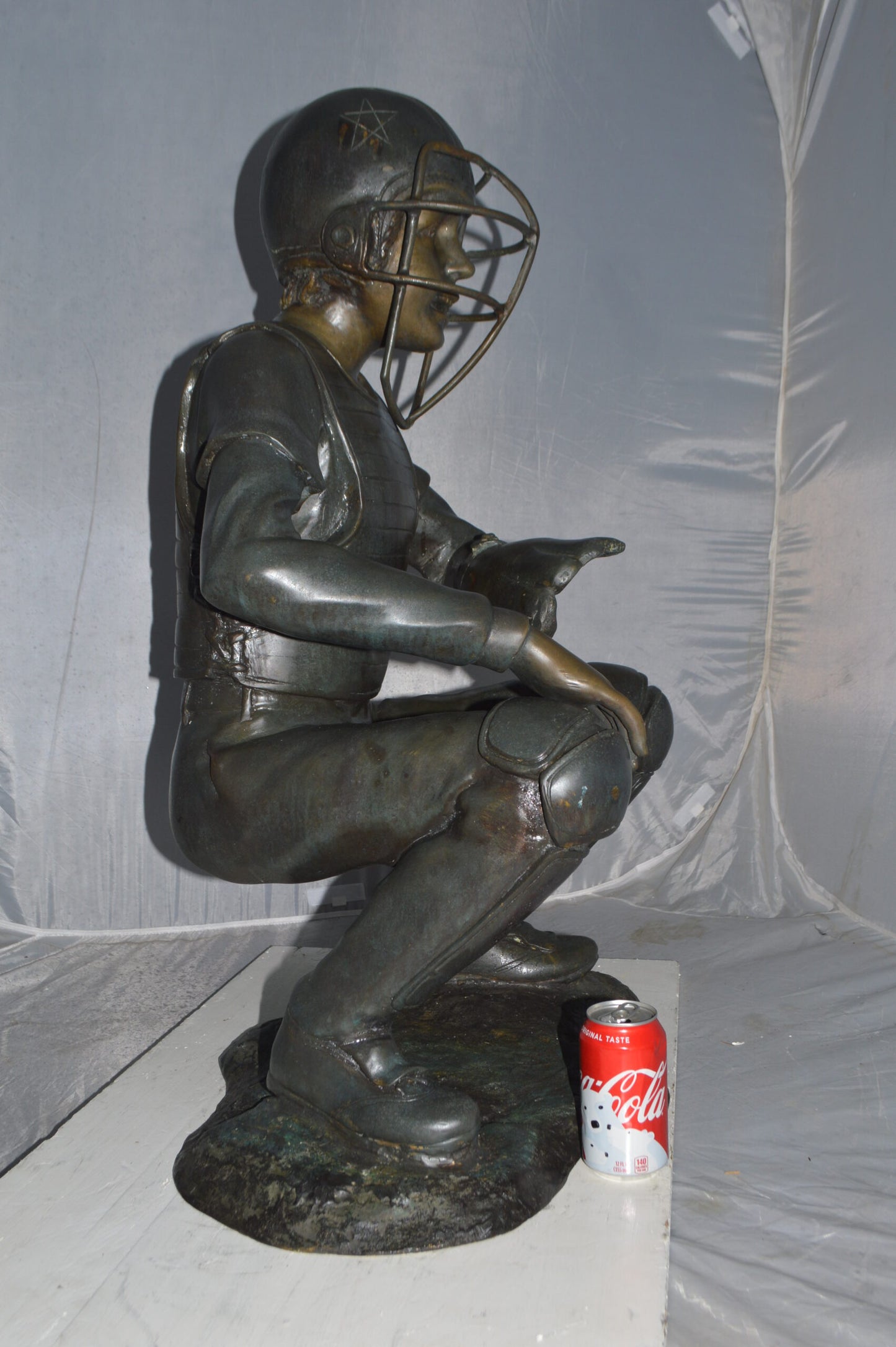 Baseball Catcher Bronze Statue -  Size: 24"L x 16"W x 36"H.