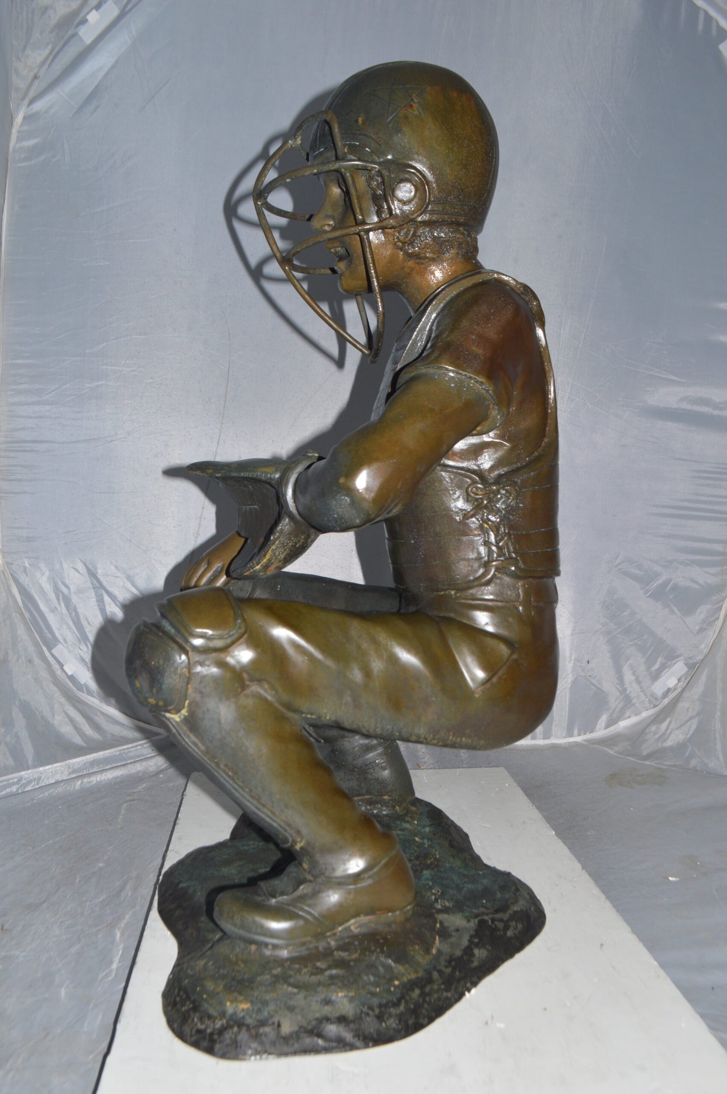 Baseball Catcher Bronze Statue -  Size: 24"L x 16"W x 36"H.