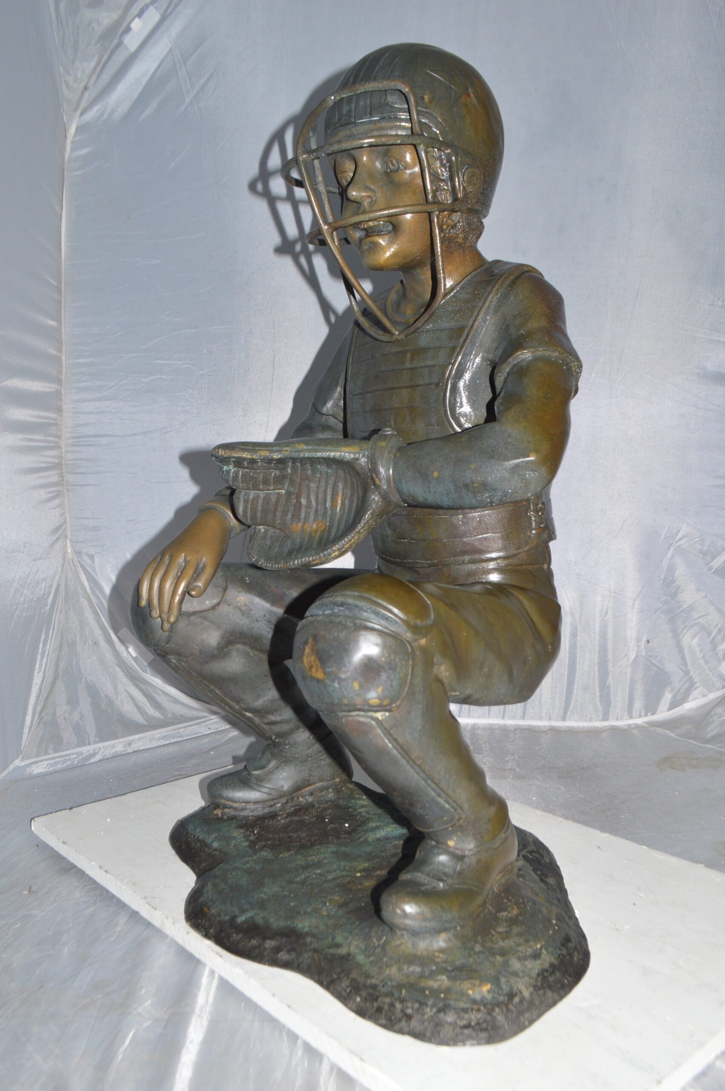 Baseball Catcher Bronze Statue -  Size: 24"L x 16"W x 36"H.