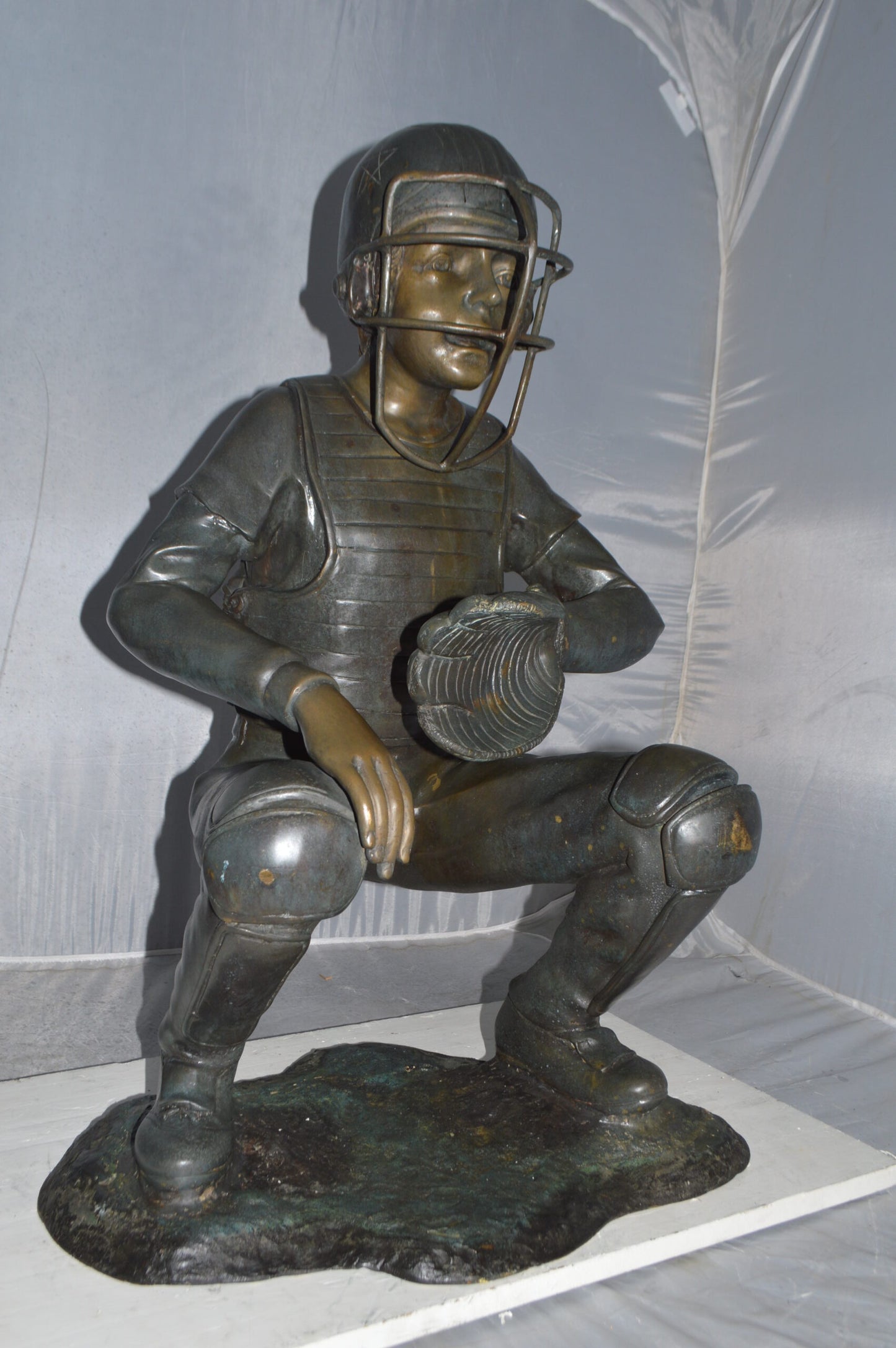 Baseball Catcher Bronze Statue - Size: 24"L x 16"W x 36"H.