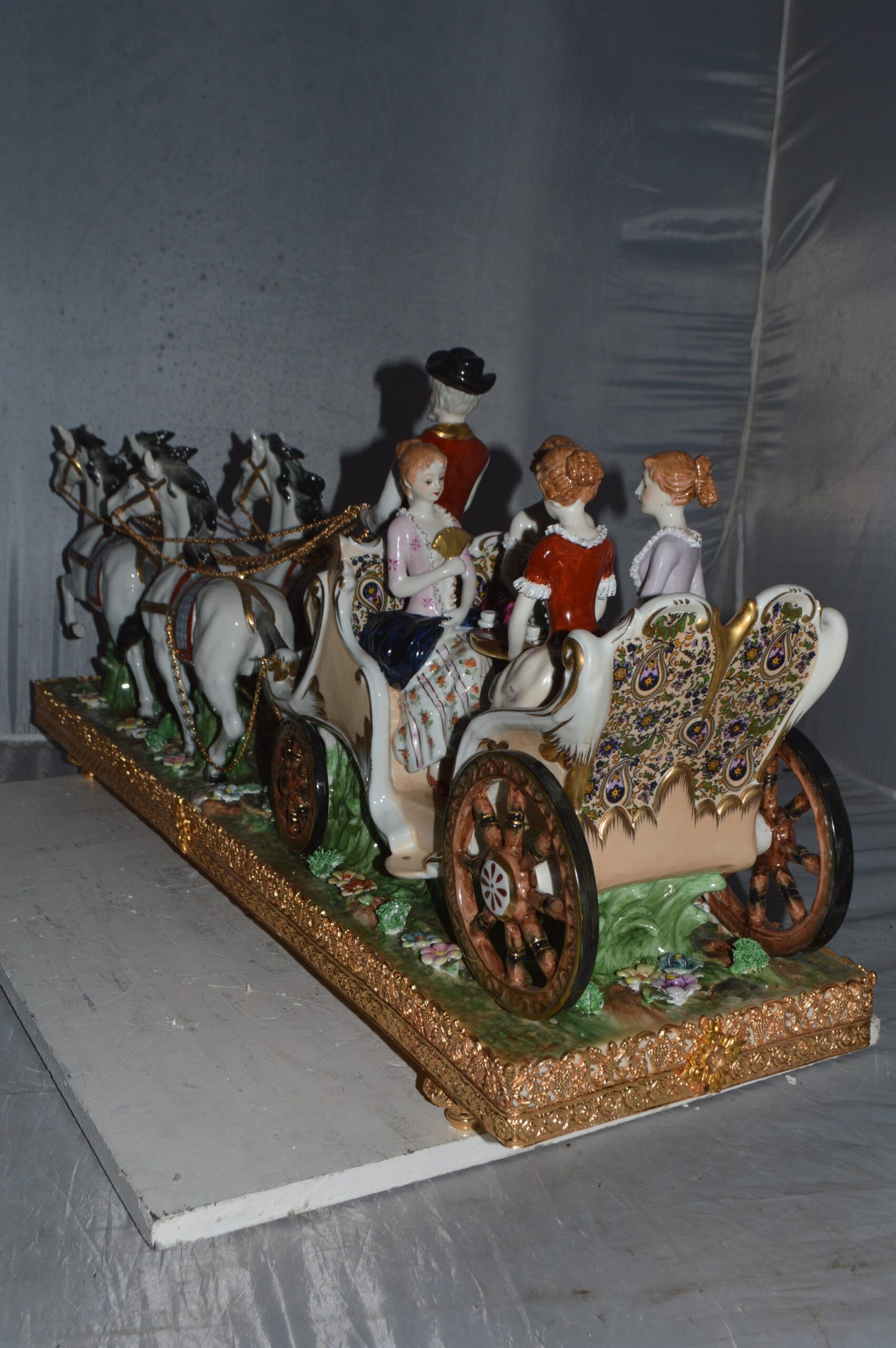 Porcelain Carriage with 4 young Girls Drinking Tea - Size: 41"L x 10"W x 18"H.