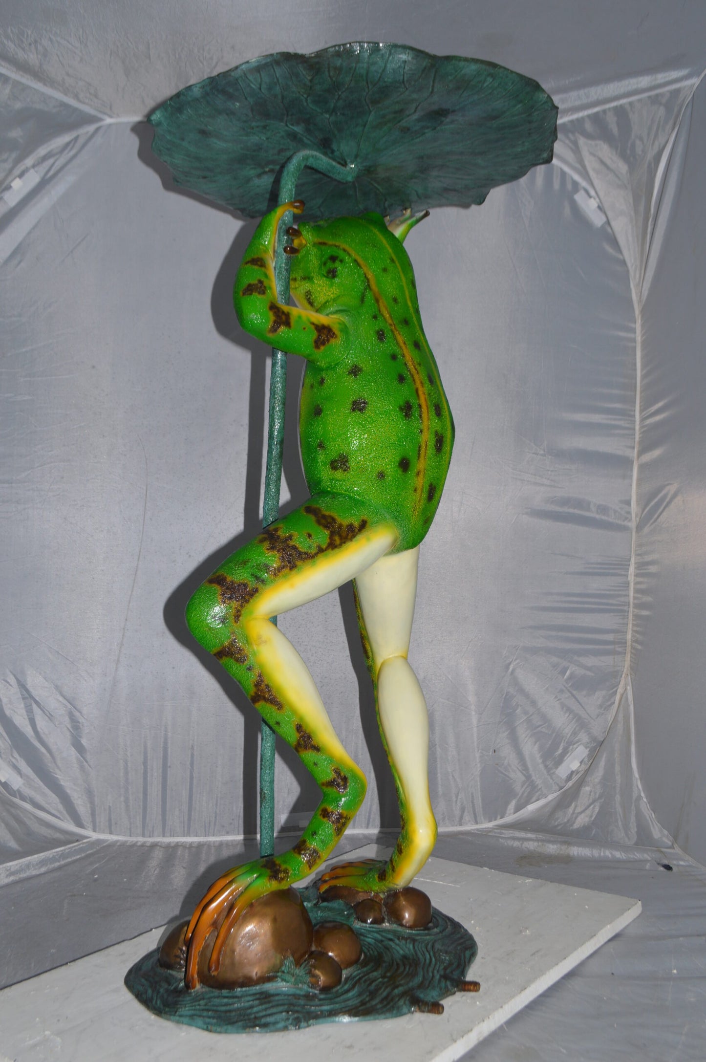 Frog with Umbrella Colored Fountain Bronze Statue -  Size: 22"L x 22"W x 43"H.