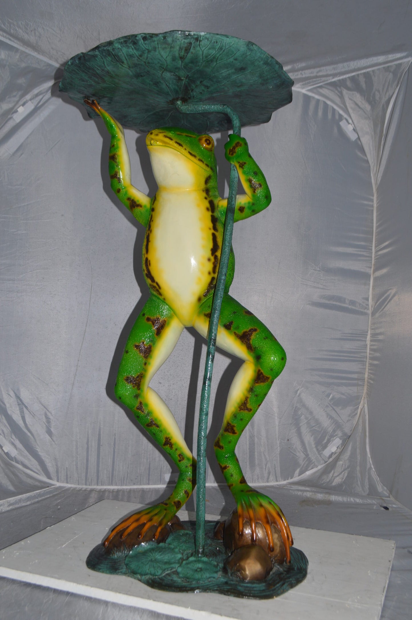 Frog with Umbrella Colored Fountain Bronze Statue -  Size: 22"L x 22"W x 43"H.