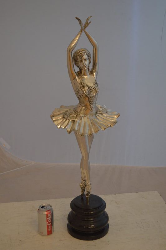 Ballerina Bronze Statue With Silver Finish - Size: 10"L x 10"W x 35"H.