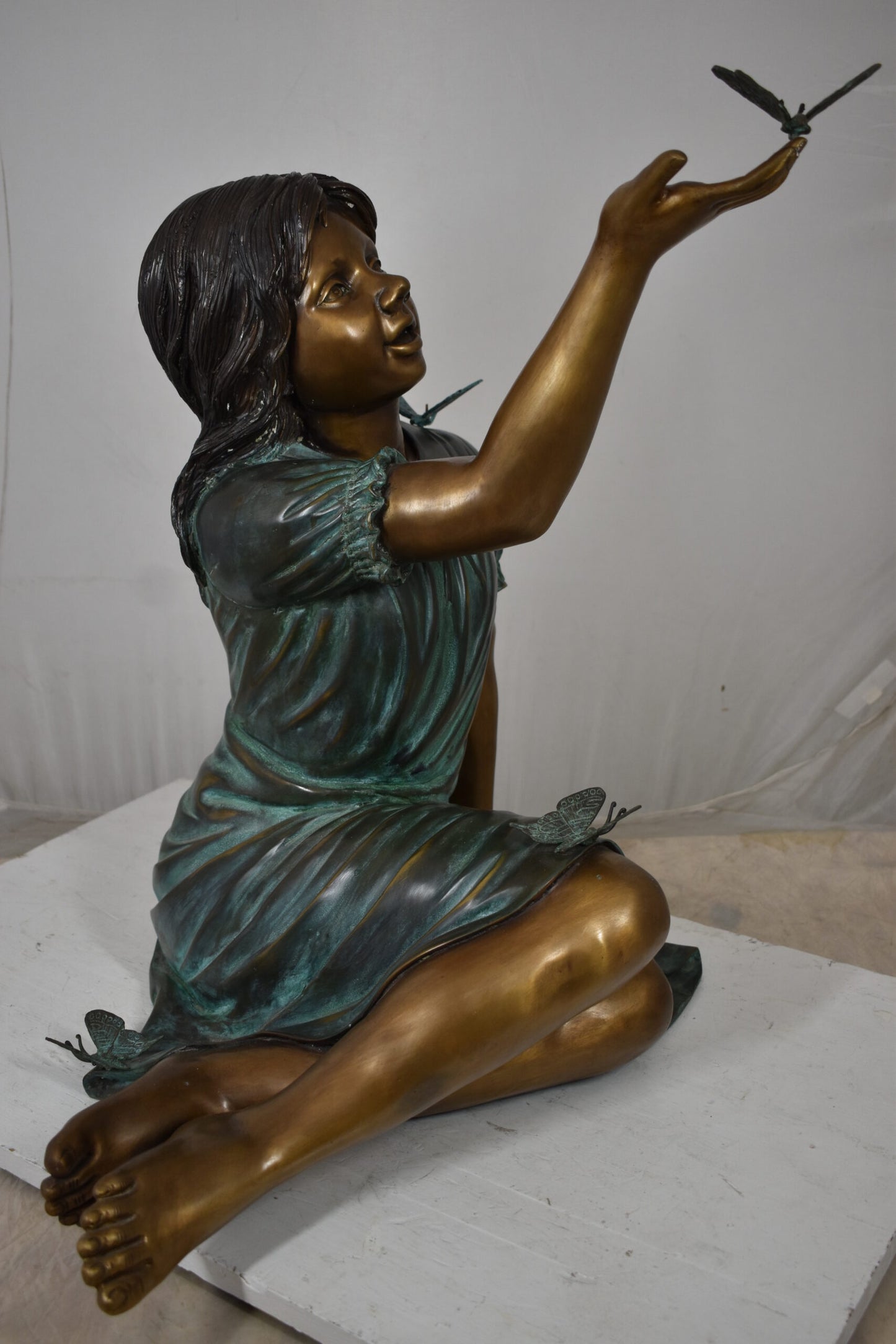 Girl with butterflies, green shirt Bronze Statue Size: 27" x 17" x 24"H