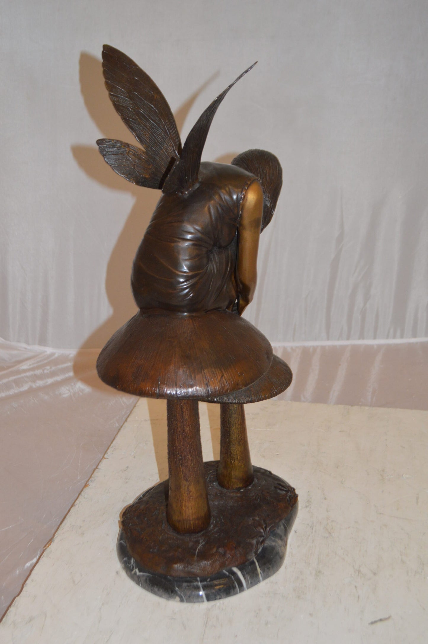 Fairy Sitting On Mushrooms Bronze Statue - Size: 12"L x 9"W x 24"H.