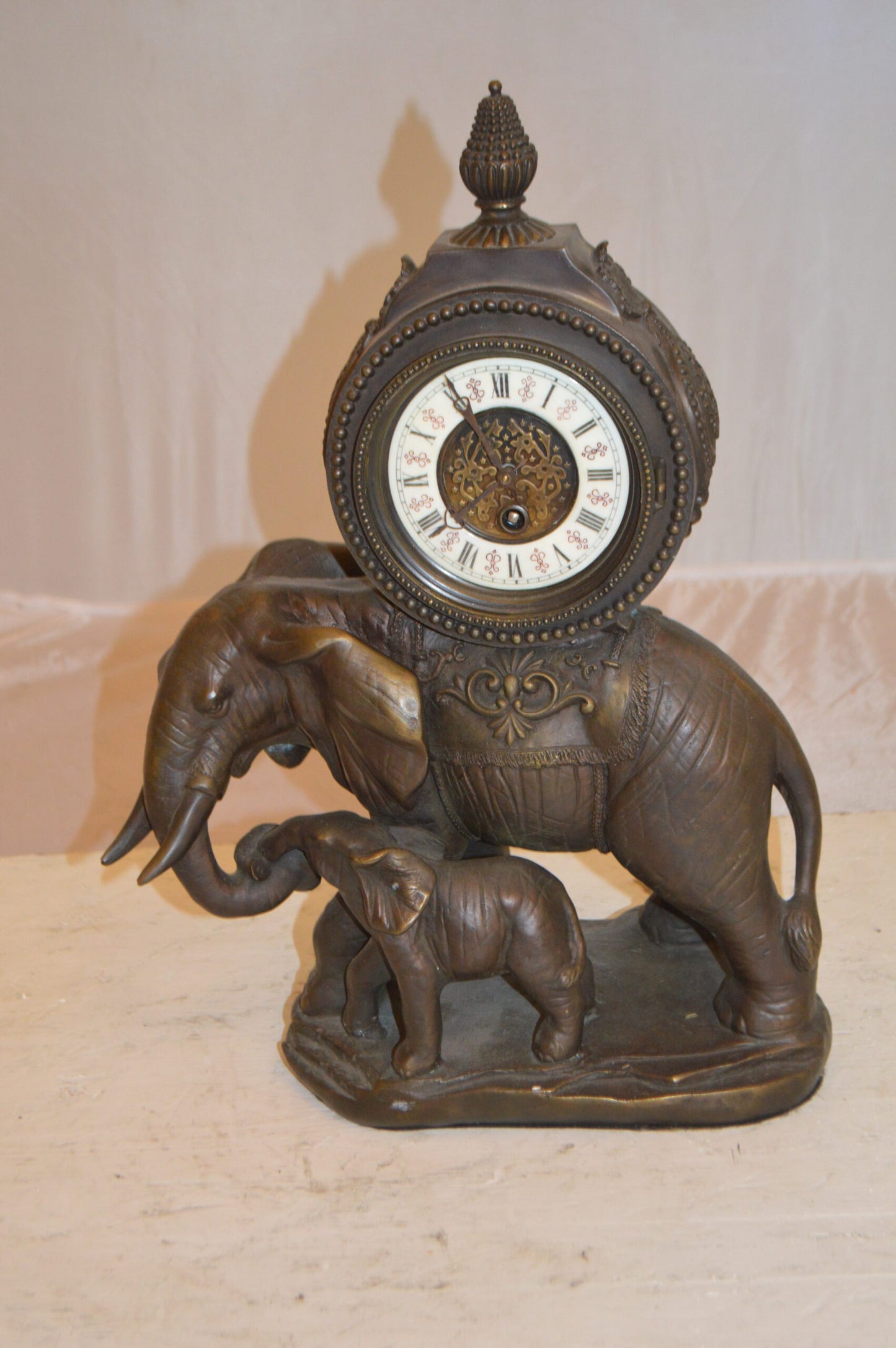 Elephant Clock Bronze Statue -  Size: 12"L x 5"W x 19"H.