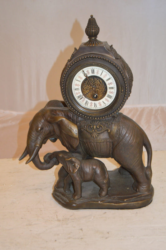 Elephant Clock Bronze Statue - Size: 12"L x 5"W x 19"H.