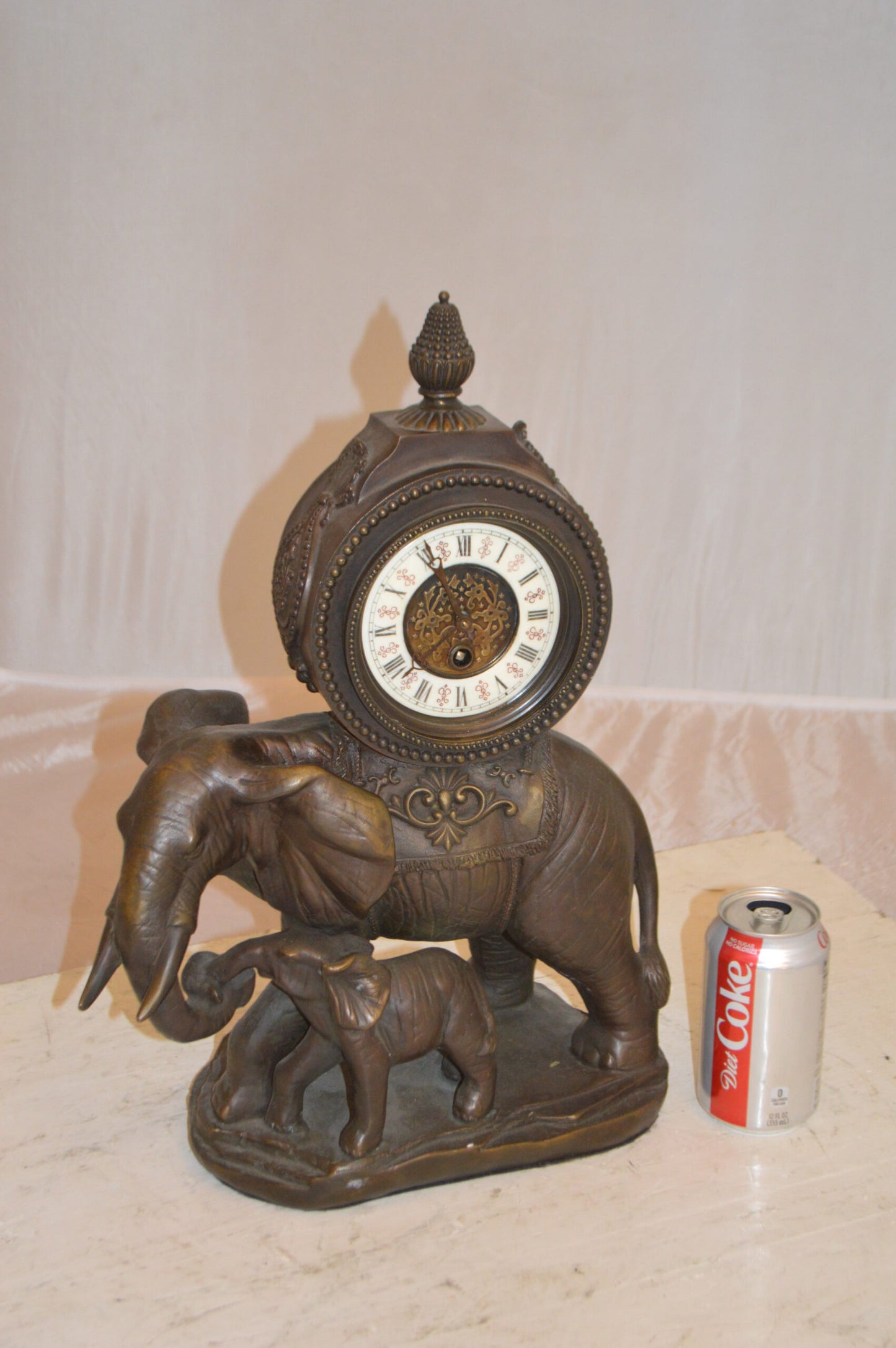 Elephant Clock Bronze Statue -  Size: 12"L x 5"W x 19"H.