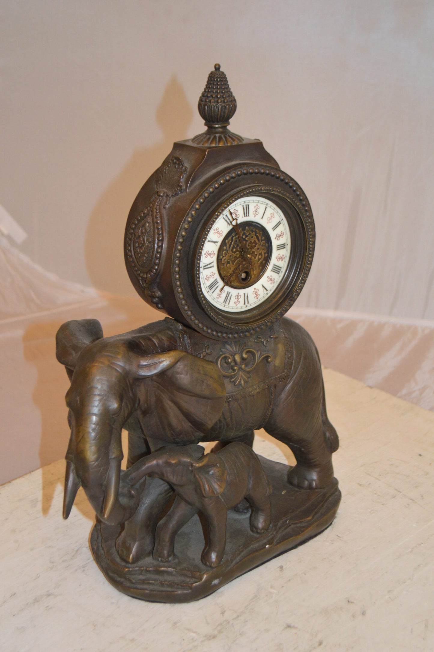Elephant Clock Bronze Statue -  Size: 12"L x 5"W x 19"H.