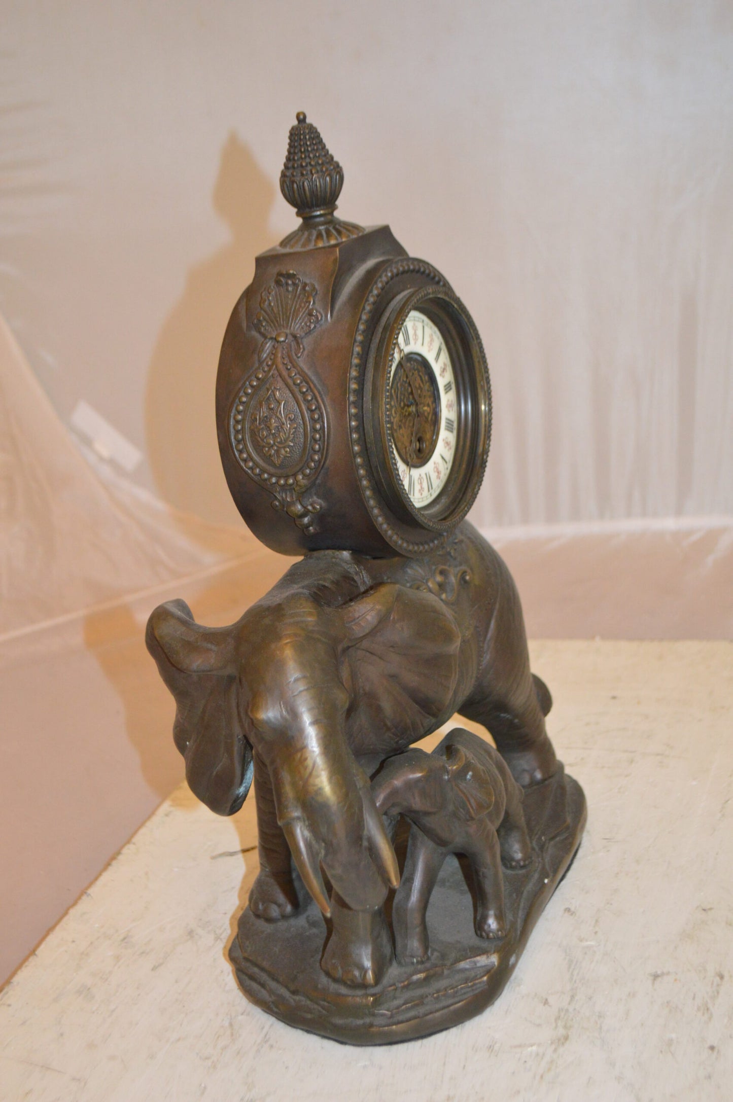 Elephant Clock Bronze Statue -  Size: 12"L x 5"W x 19"H.