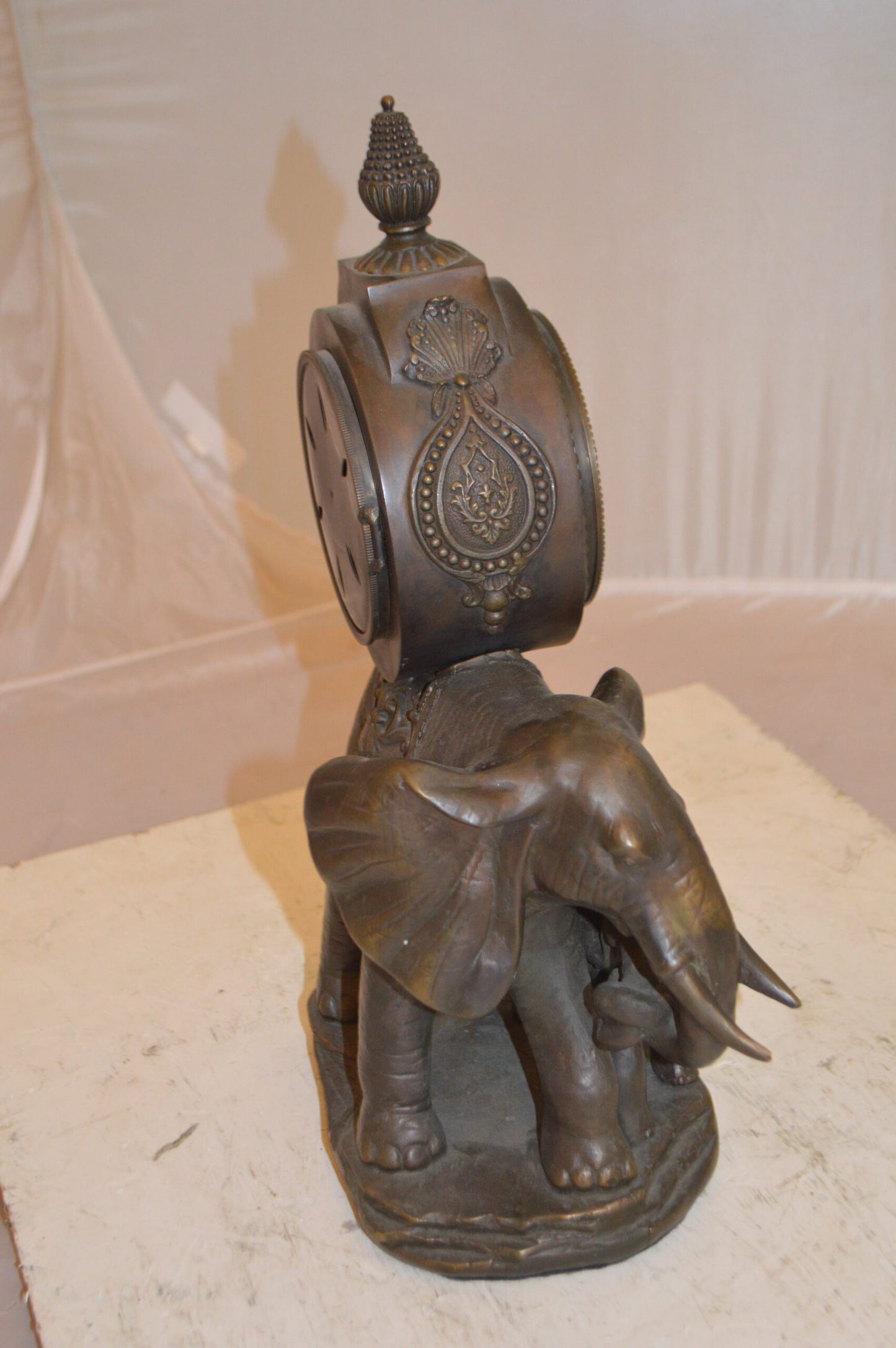 Elephant Clock Bronze Statue -  Size: 12"L x 5"W x 19"H.