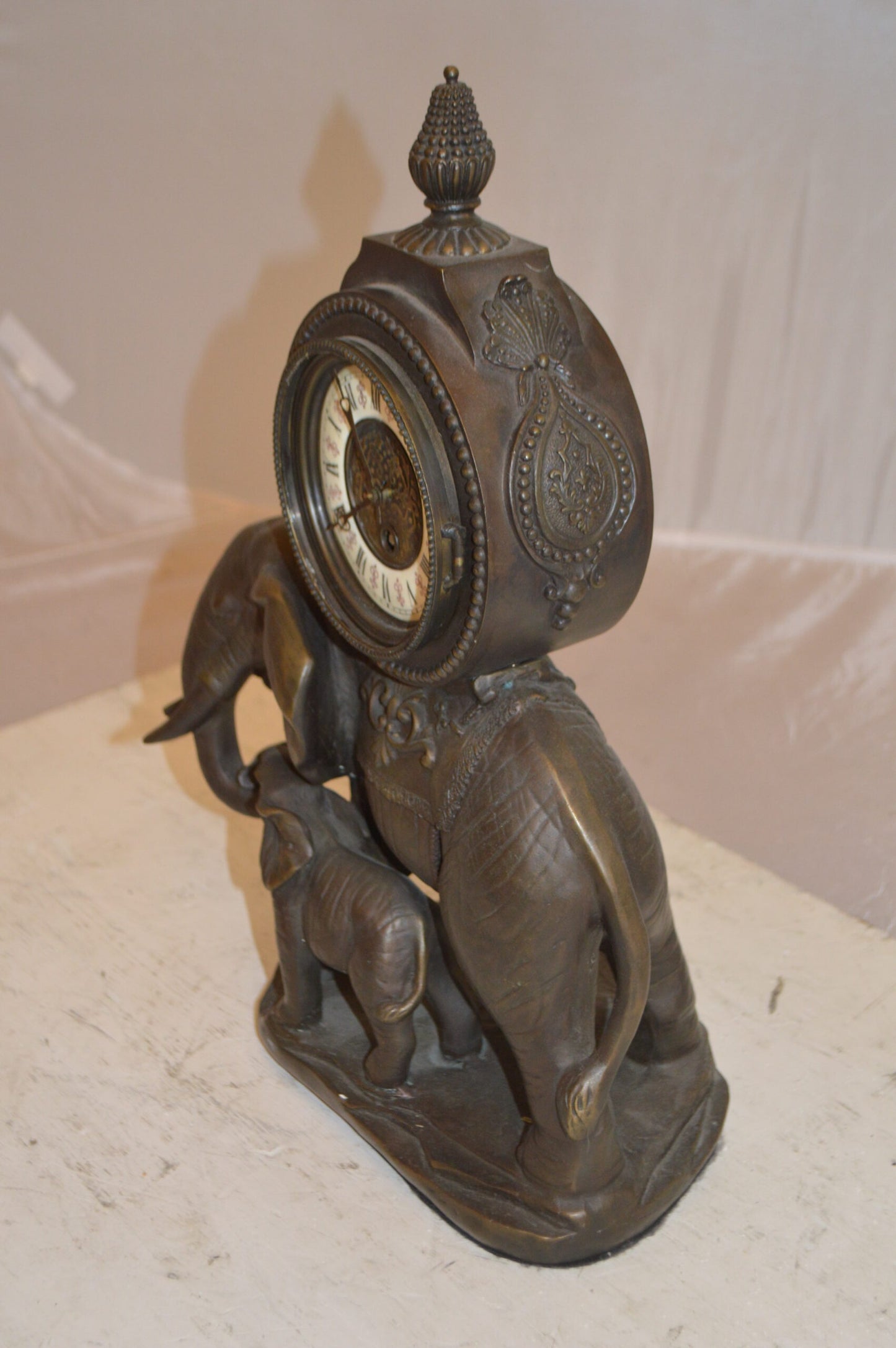 Elephant Clock Bronze Statue -  Size: 12"L x 5"W x 19"H.