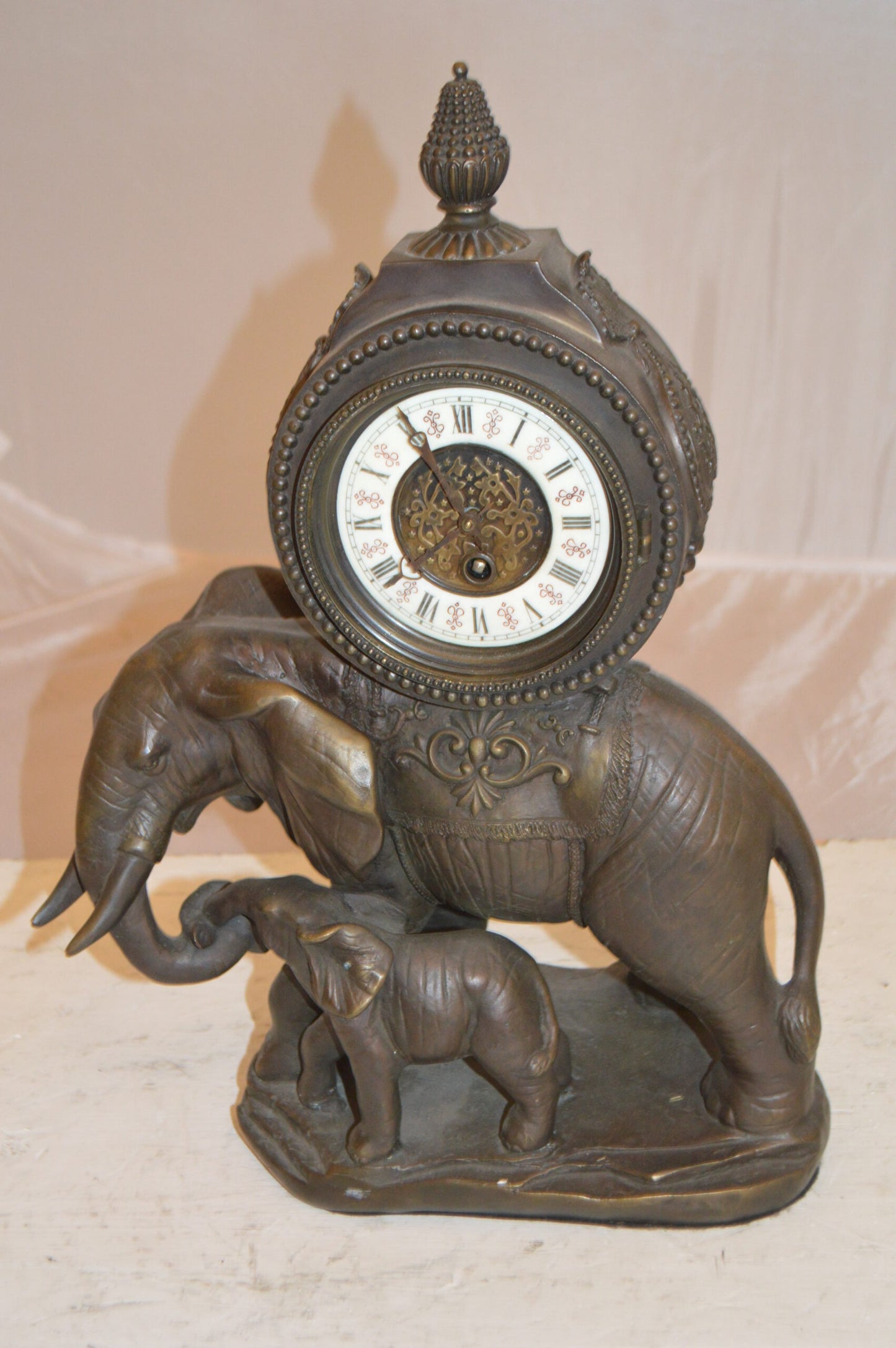 Elephant Clock Bronze Statue - Size: 12"L x 5"W x 19"H.