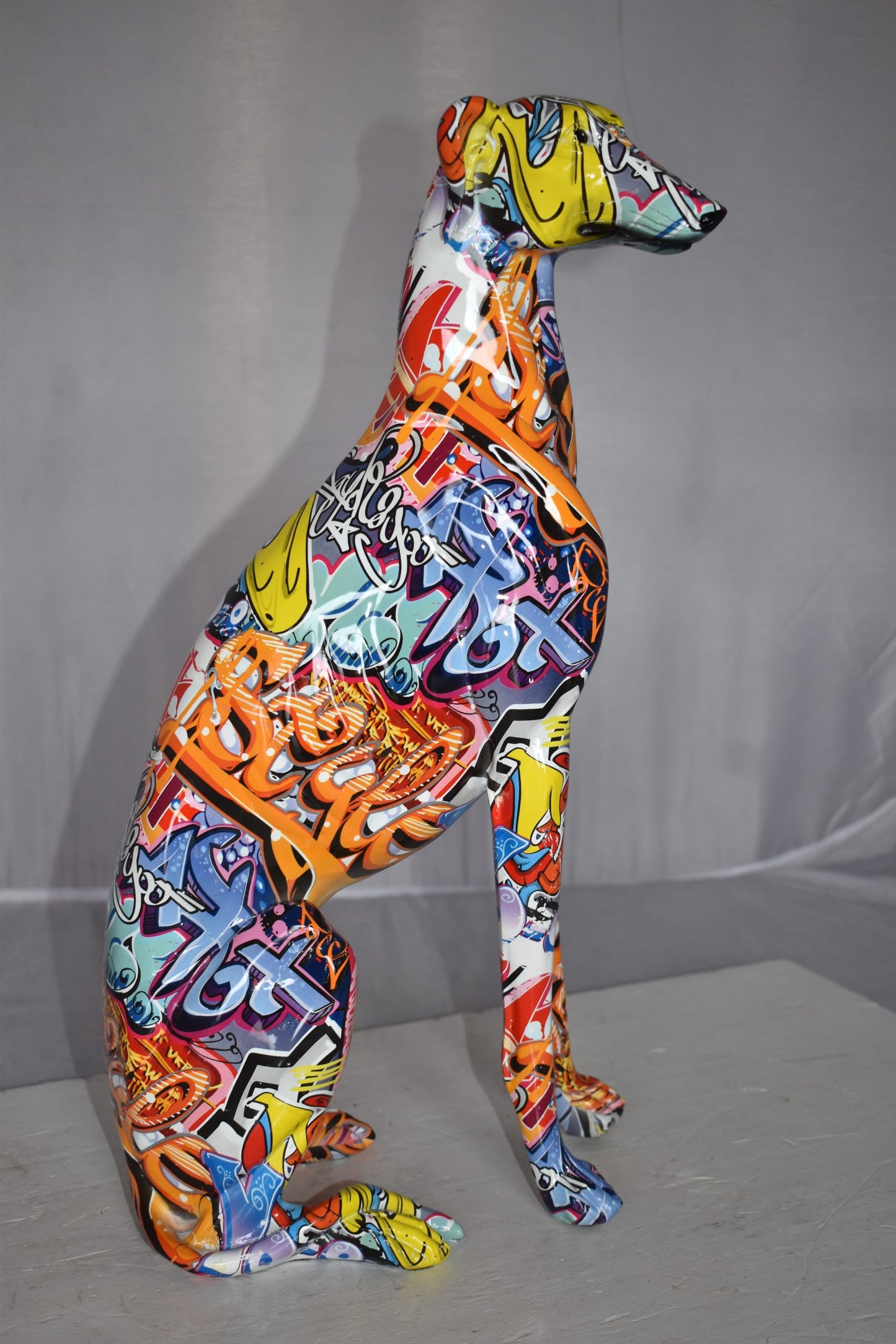 Modern Graffiti Looking Greyhound Dog Made of Resin Size: 12" x 6" x 21"H