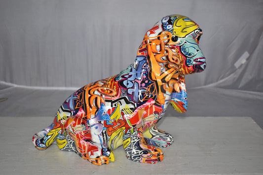 Modern Graffiti Basset Hound Dog Statue Made of Resin Size: 16" x 8" x 13"H