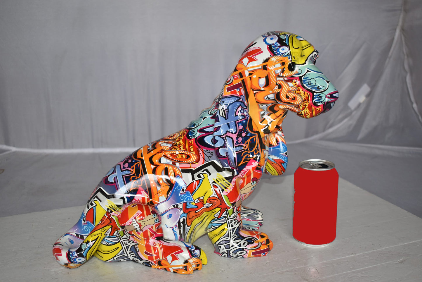 Modern Graffiti Basset Hound Dog Statue Made of Resin Size: 16" x 8" x 13"H