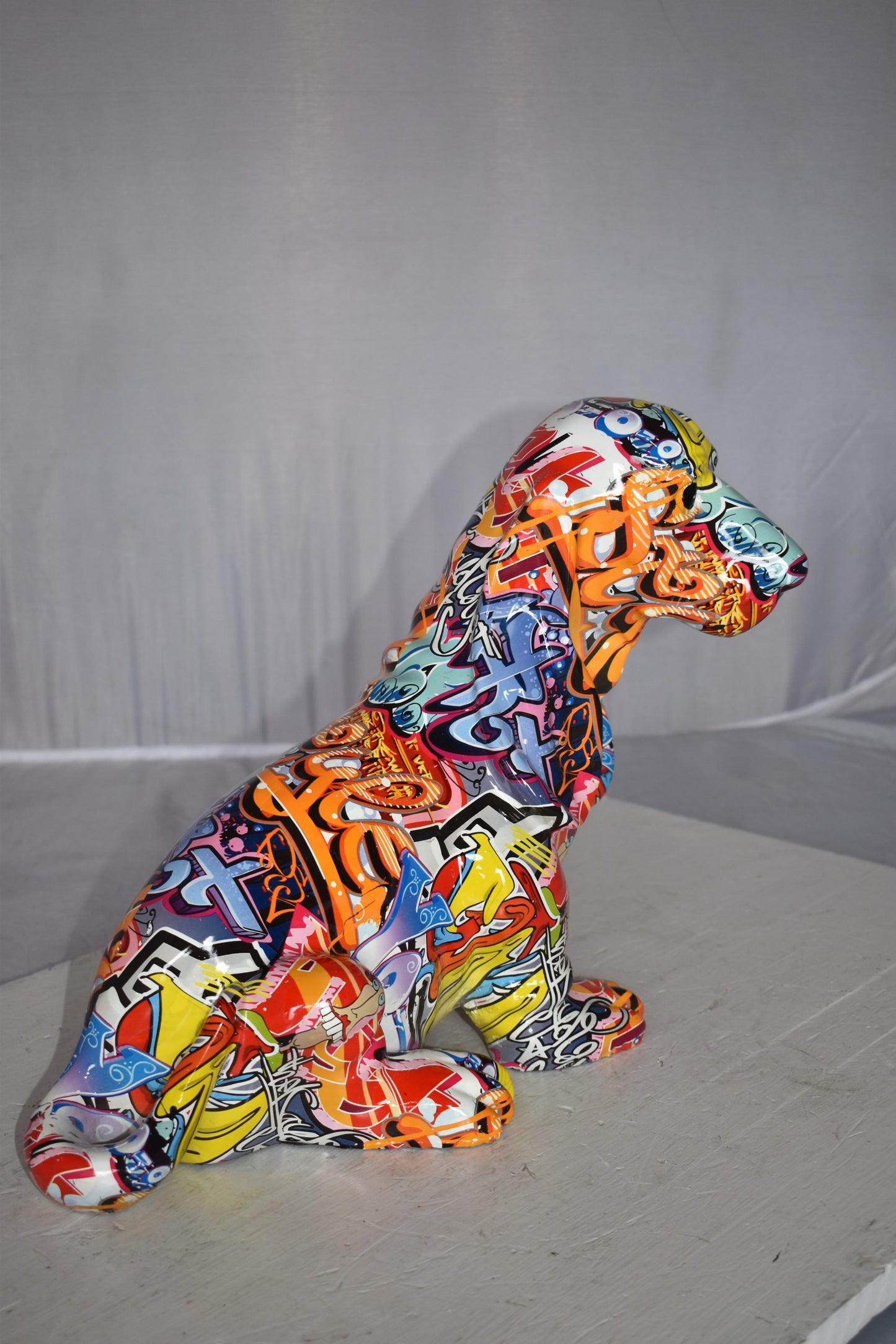Modern Graffiti Basset Hound Dog Statue Made of Resin Size: 16" x 8" x 13"H