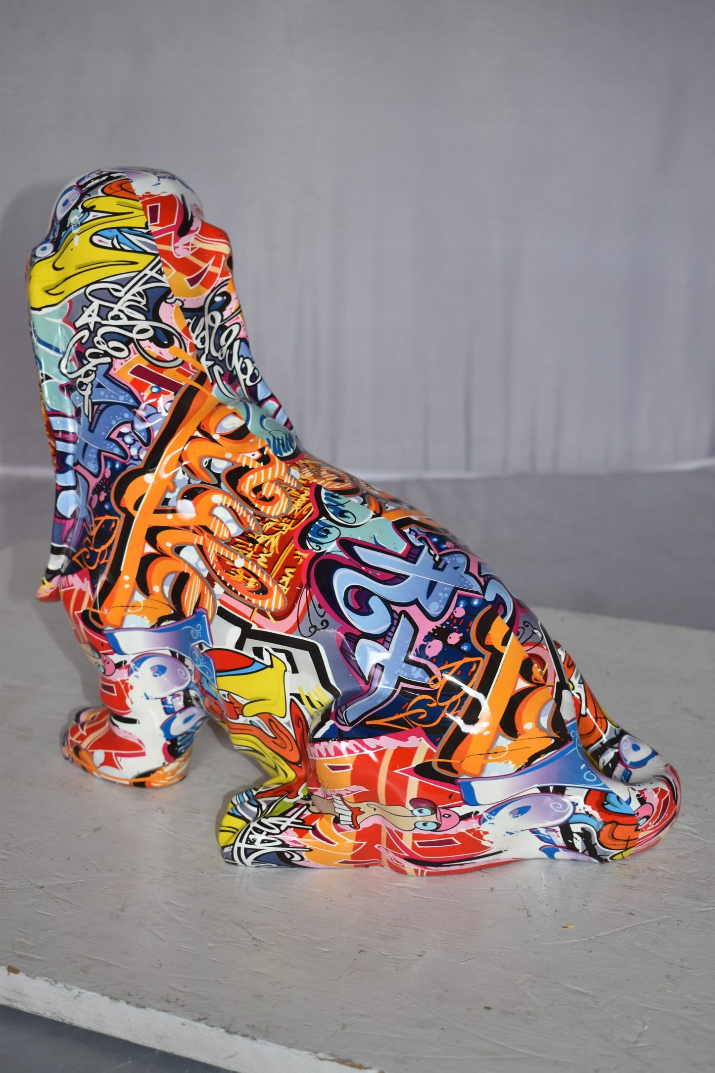 Modern Graffiti Basset Hound Dog Statue Made of Resin Size: 16" x 8" x 13"H