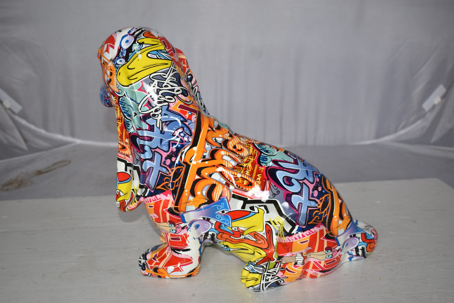 Modern Graffiti Basset Hound Dog Statue Made of Resin Size: 16" x 8" x 13"H
