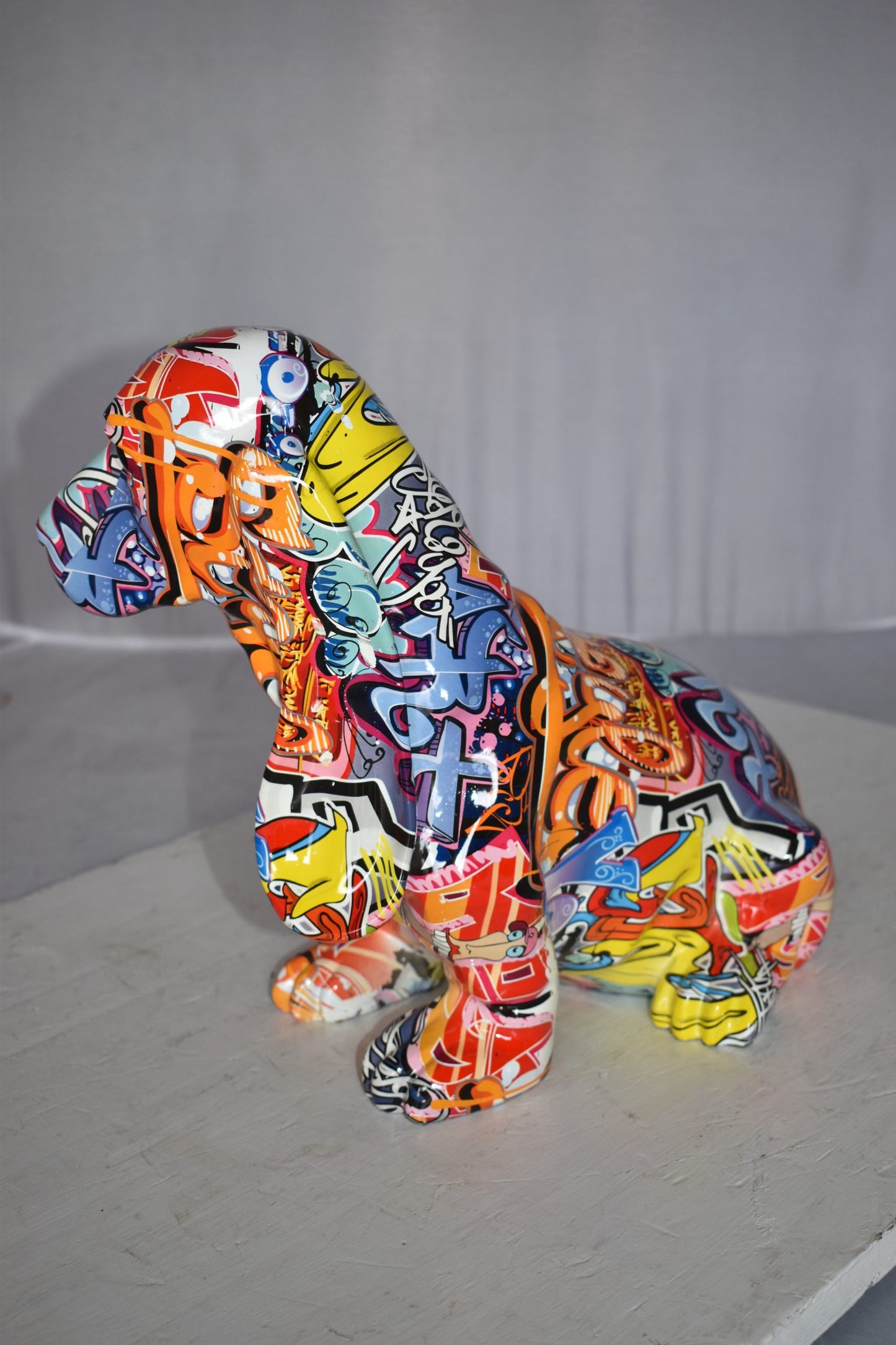 Modern Graffiti Basset Hound Dog Statue Made of Resin Size: 16" x 8" x 13"H