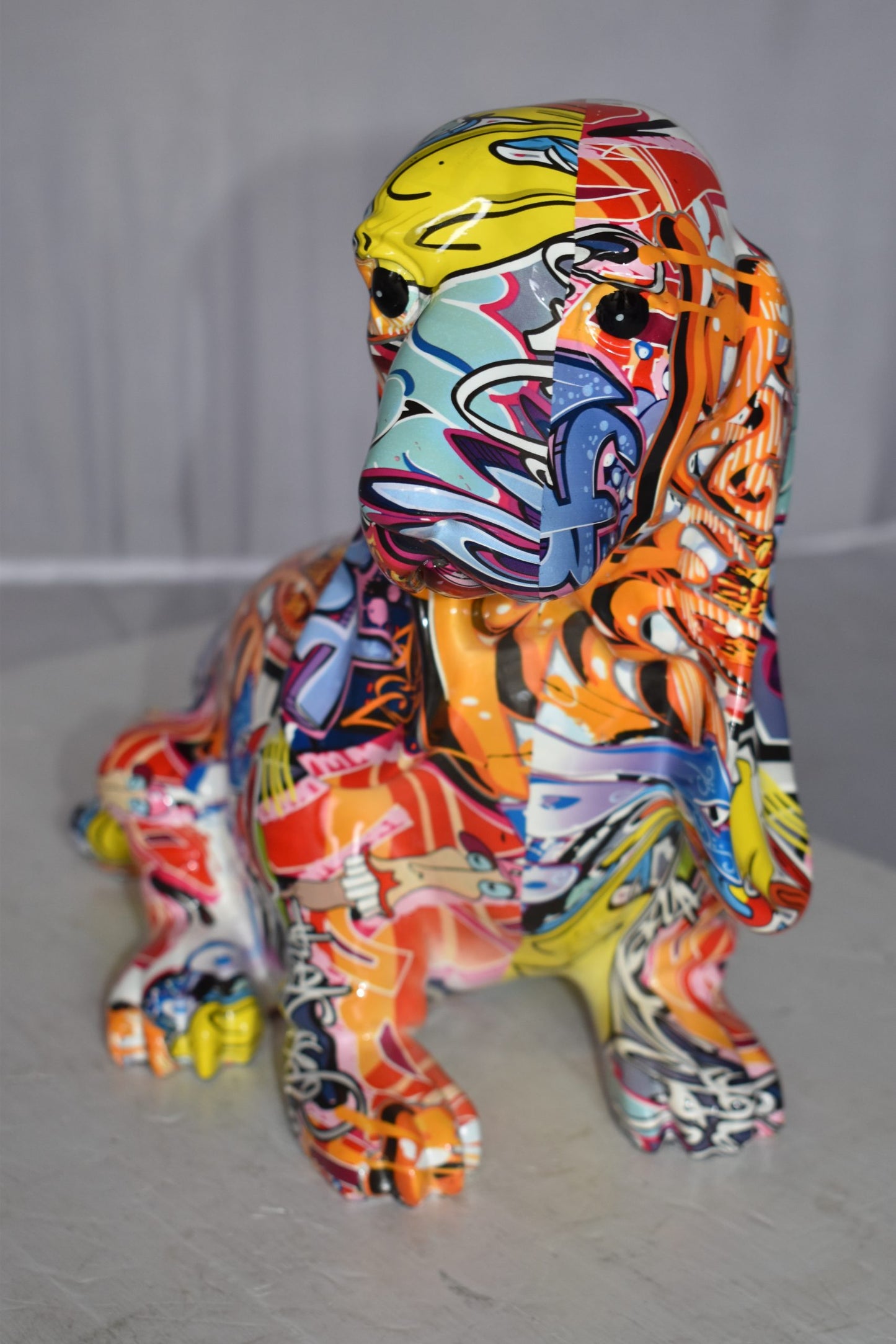 Modern Graffiti Basset Hound Dog Statue Made of Resin Size: 16" x 8" x 13"H