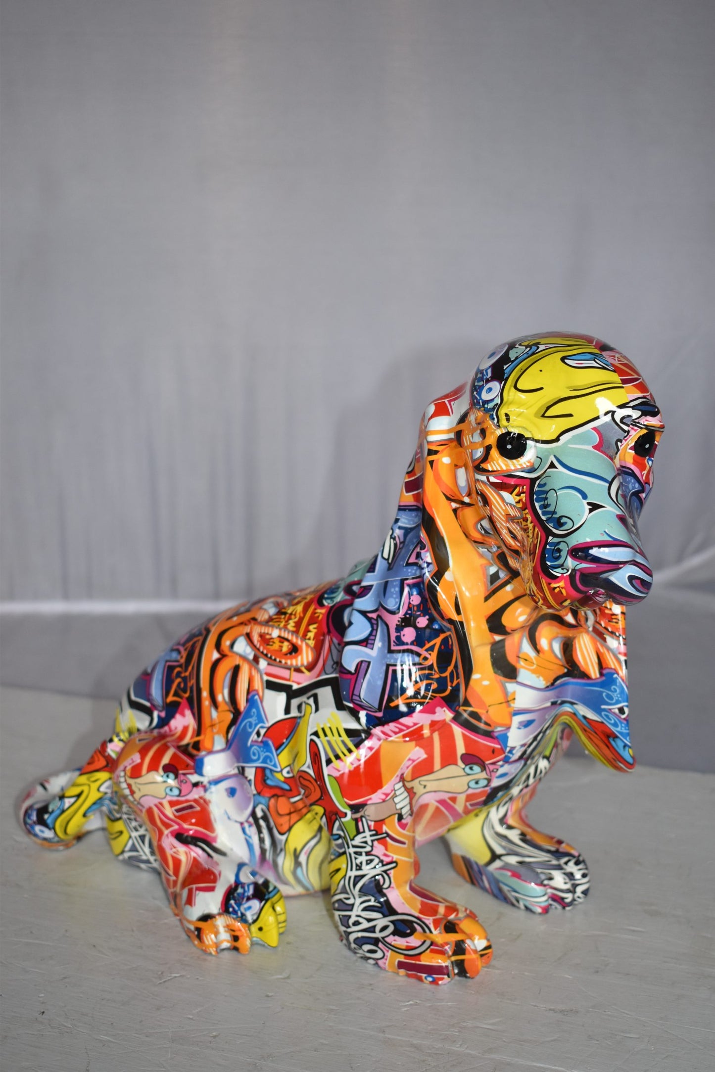 Modern Graffiti Basset Hound Dog Statue Made of Resin Size: 16" x 8" x 13"H