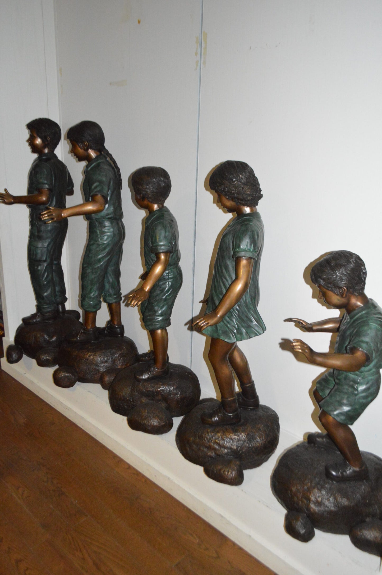 Five Kids Walking on Rocks Bronze Statues -  Size: "L x "W x "H.