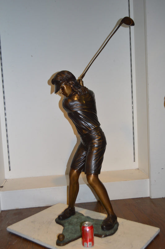 Susan Plays Golf Bronze Statue -  Size: 18"L x 23"W x 47"H.