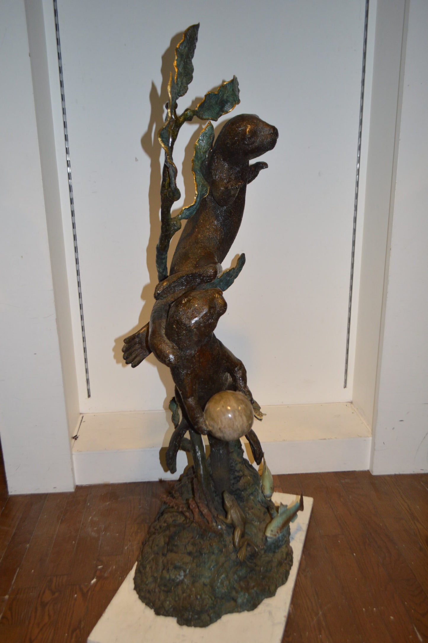 Duet of Otters Bronze Statue Fountain - Size: 24"L x 20"W x 64"H.
