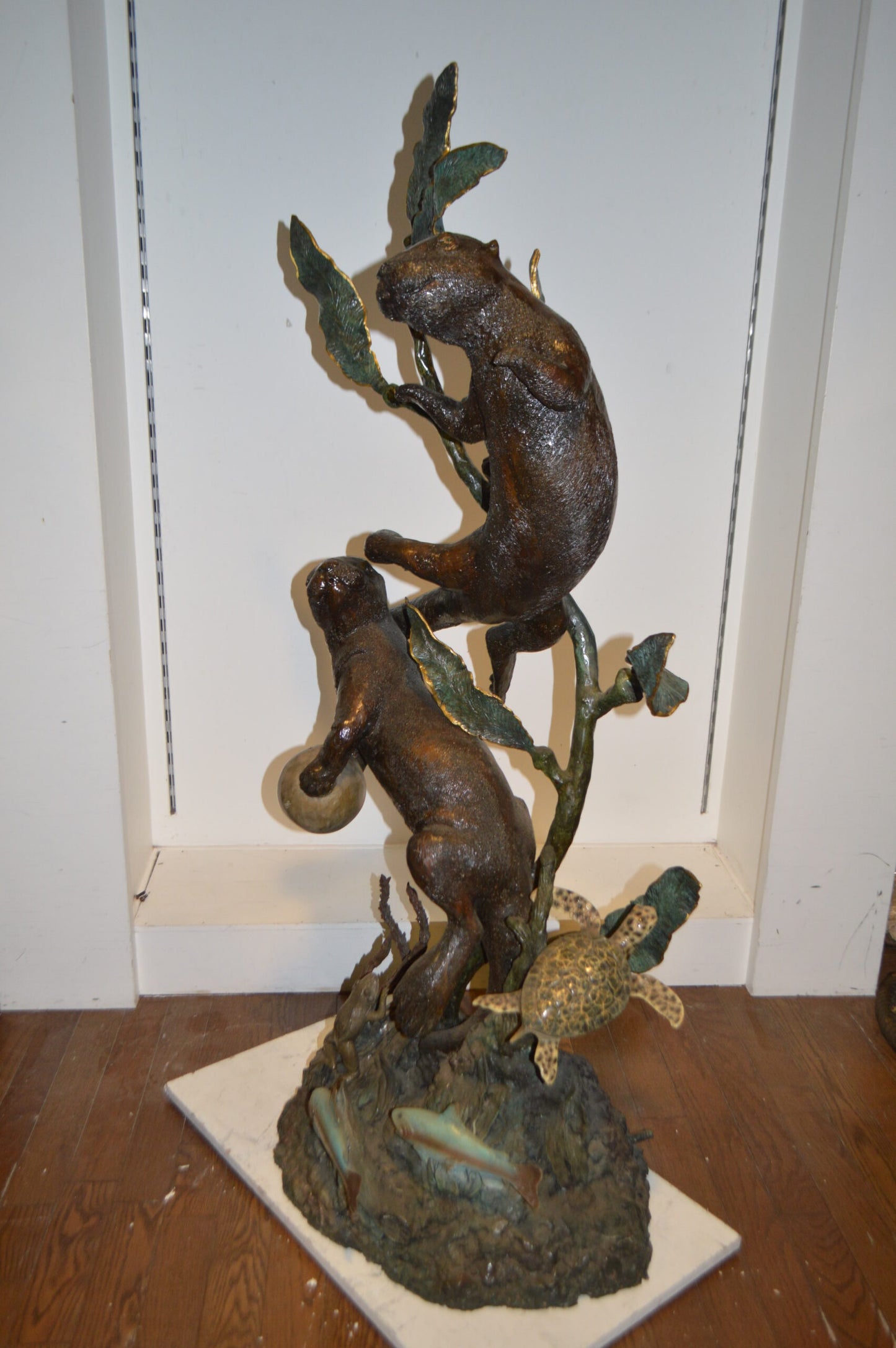 Duet of Otters Bronze Statue Fountain - Size: 24"L x 20"W x 64"H.