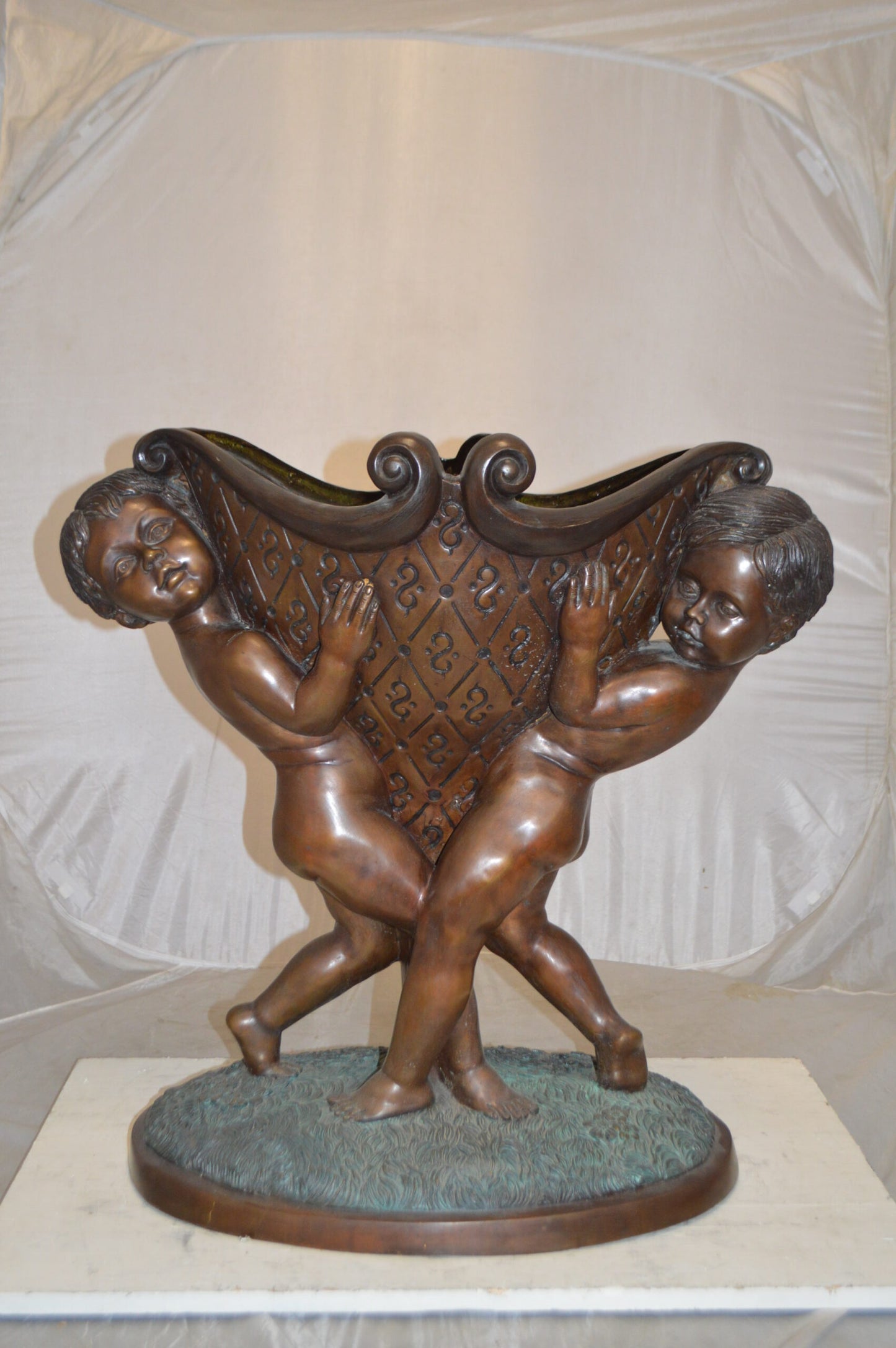 Two Kids Holding a Pot Bronze Statue Fountain -  Size: 28"L x 17"W x 29"H.