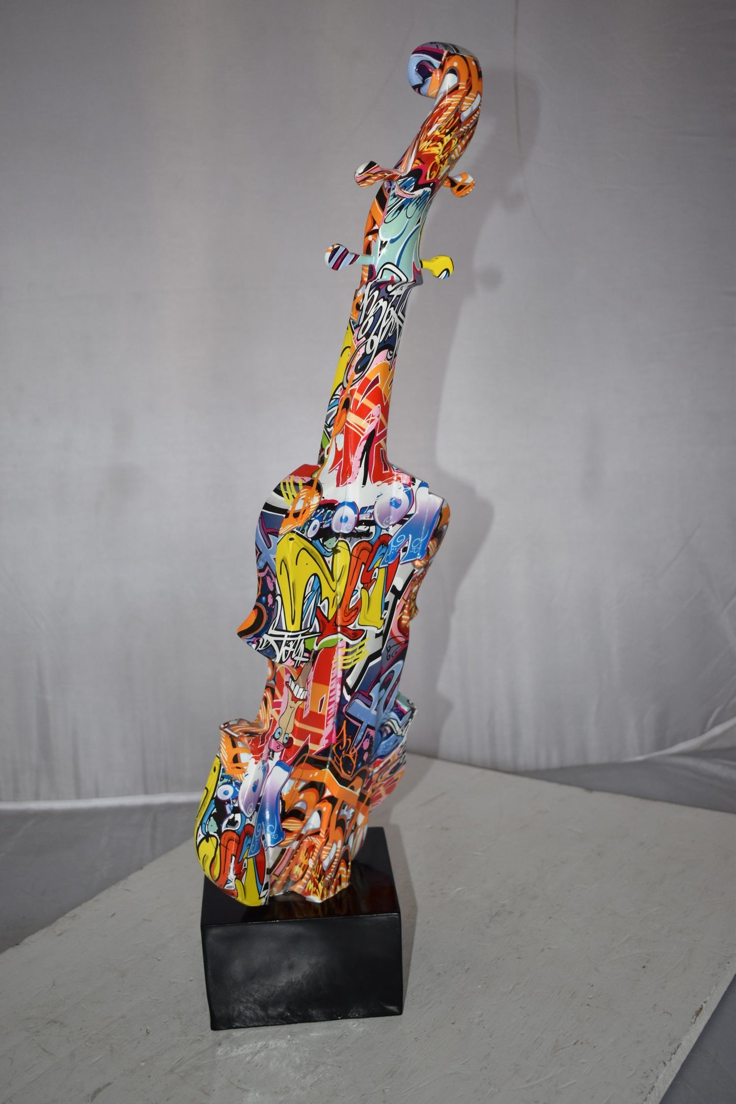 Artistic Graffiti Violin Resin Statue Mounted on a Base Size: 9" x 10" x 26"H